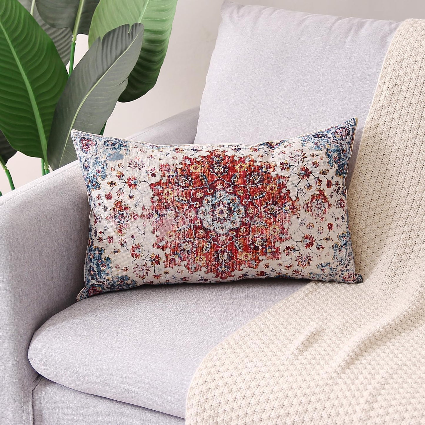 Outdoor Waterproof Pillow Set of 2 - 12 X 20 Inch Blue Orange Bohemian Vintage Carpet Pattern Ethnic Design Decorative Farmhouse Pillow Covers for Couch Garden Balcony