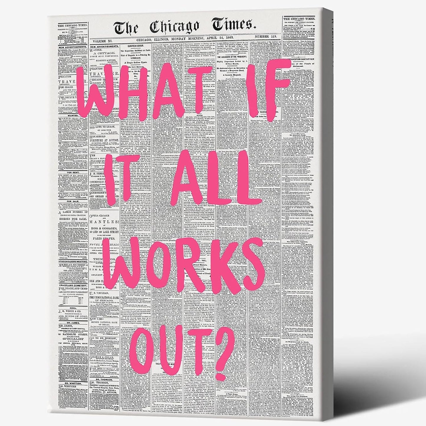 Liyark Retro Trendy Newspaper Canvas Wall Art 'What If All Works Out' Poster - Positive Affirmation Quote - Pink Font - Minimalist Home Decor - Framed 12x16in