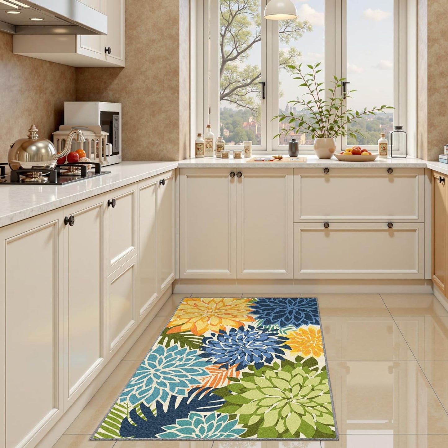 Area Rug 2x3 Yellow Green Washable Entry Small Rug Multicolored Tropical Botanical Modern Floral Indoor Kitchen Door Mat Entrance Carpet Non Slip for Bedroom Living Room, Porch