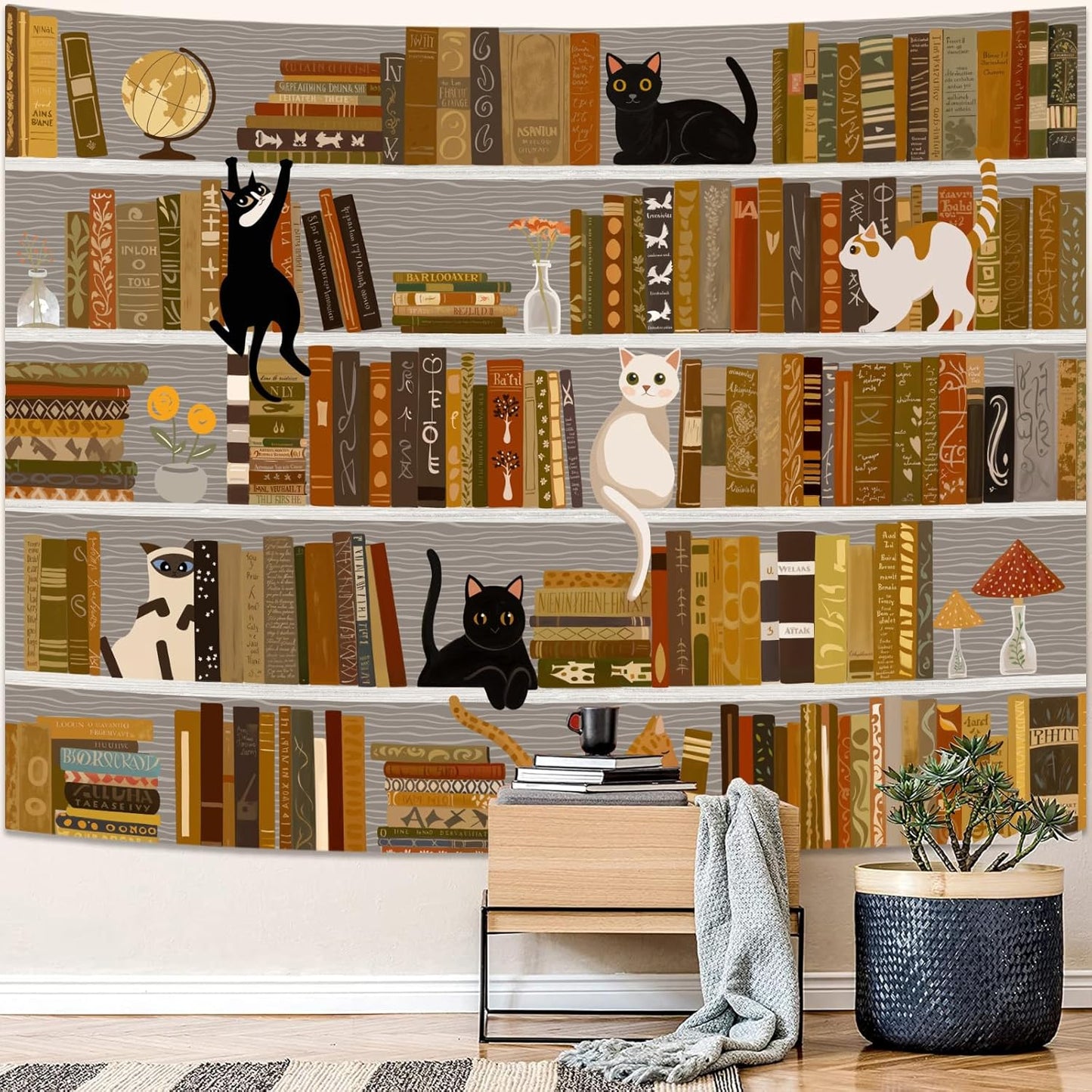 Accnicc Cat Bookshelf Tapestry Black White Cute Cats Book Shelf Tapestries Wall Hanging Art Vintage Retro Academics Library Tapestry for Bedroom Living Room Dorm 60 x 44 inch