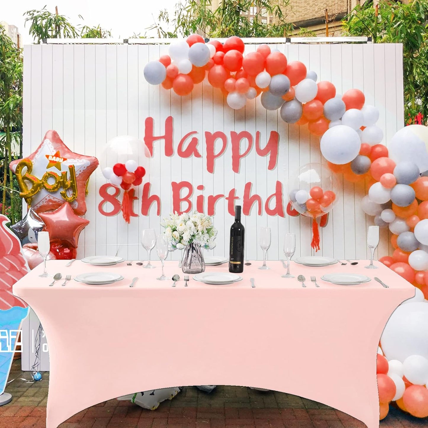 SuperO 2Pack Waterproof Spandex Table Cover for 8FT Table Universal Fitted Stretch Tablecloth for Party, Banquet, Wedding and Events-Blush Pink