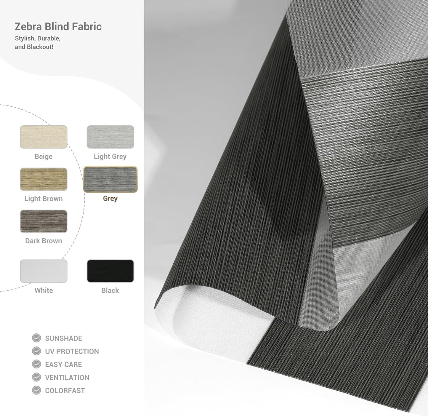 Cordless Zebra Blinds for Windows, Blackout Interior Blinds,Easy to Install,UV Protection,for Offices and Home,Custom Roller Shades, Mousse Grey,14" W x 72" H