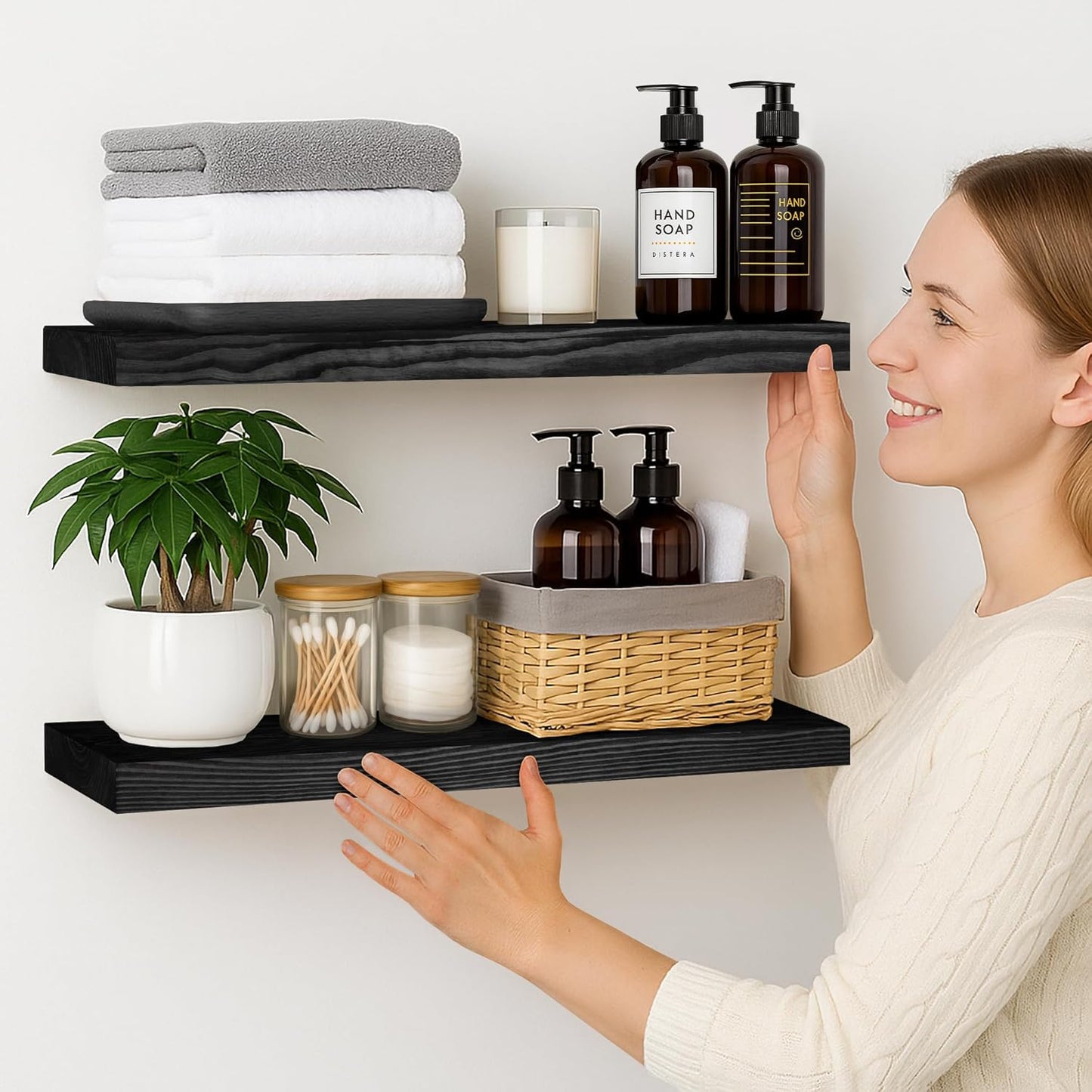 BGMG Wood Floating Shelves 24 inch, Wide Rustic Wooden Wall Shelves for Bathroom Living Room Bedroom Kitchen Farmhouse Set of 2-24x 6.7 x1.25 inch- Black