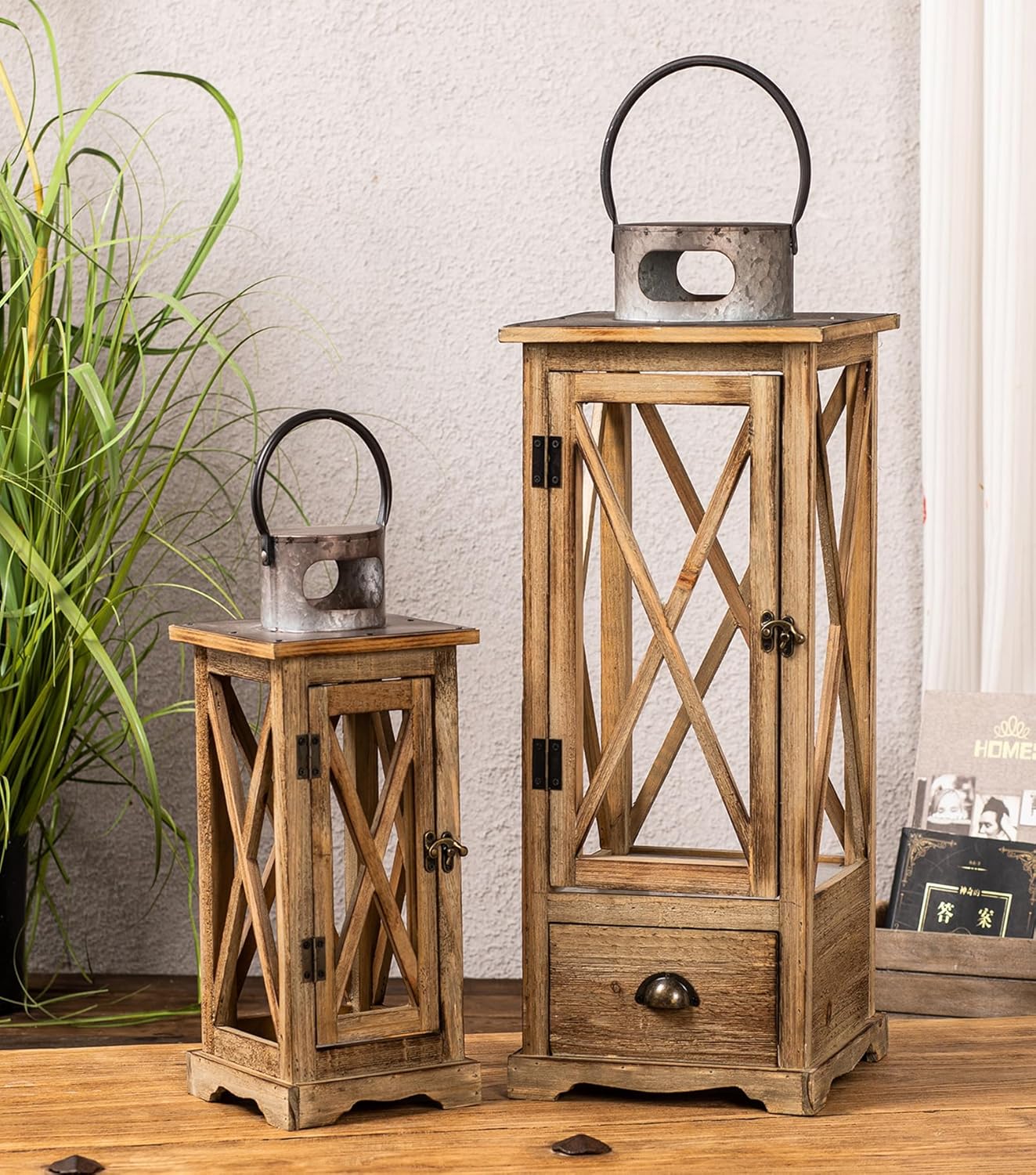 TIMRIS Large Farmhouse Wooden Candle Lantern Set of 2, Rustic Floor Candle Lanterns with Drawer, Vintage Hurricane Lantern Holder for Indoor Outdoor Decor (No Glass)