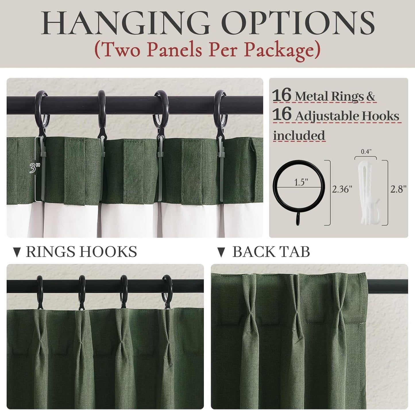 Lush Decor 132 Inch Long Insulated Back Tab Pinch Pleated Curtains, Linen Olive Green Blackout Large Window Drapes, Room Darkening Extra Long Tall Curtain for Living Room (40" Wx132 x2 Panels Loden)