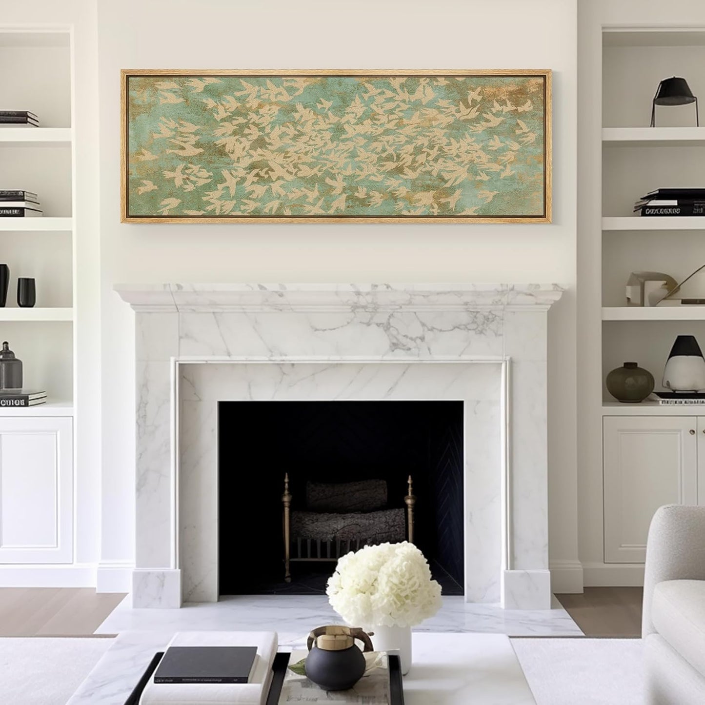 MUDECOR Large Framed Canvas Print Wall Art Rustic Birds in Flight Abstract Pattern Antique Retro Fine Art Illustrations Decorative Colorful for Bedroom - 60"x20"