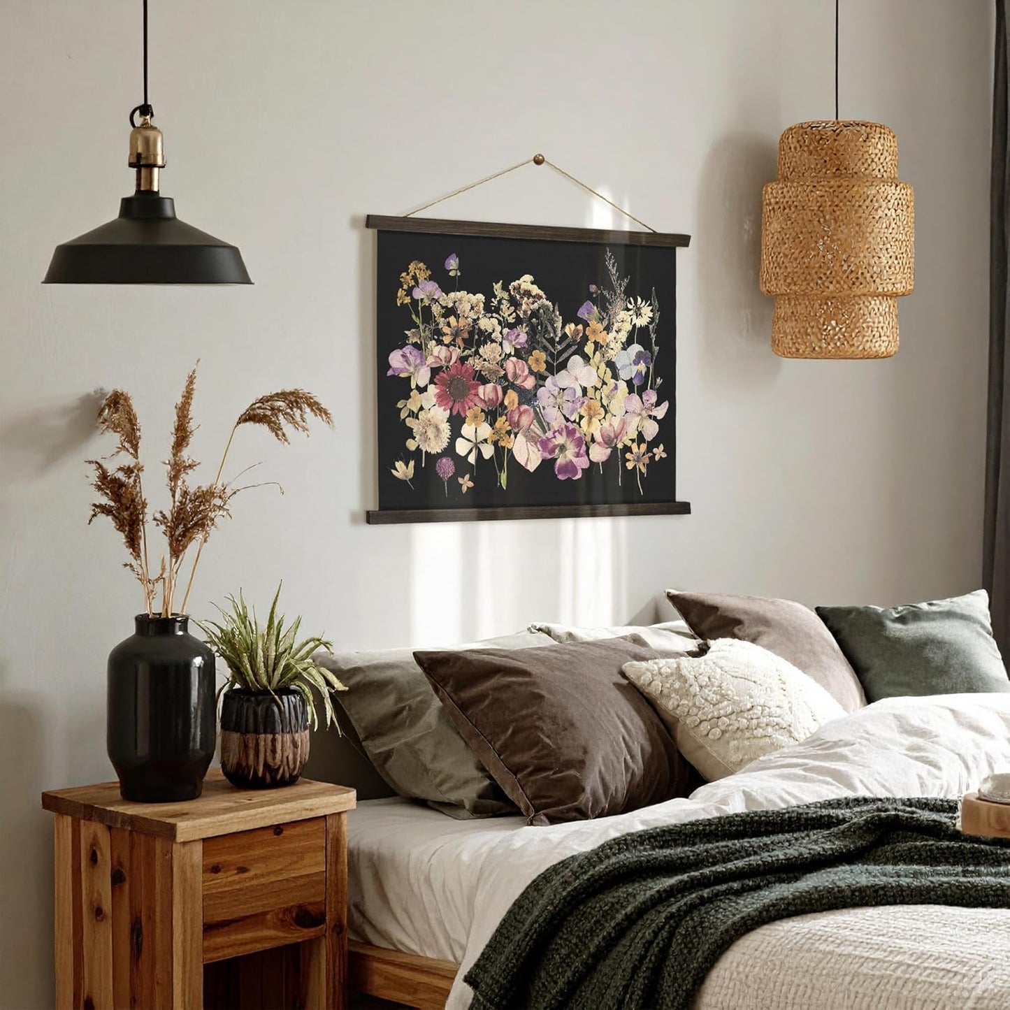 American Art Decor Framed Dried Flowers Tapestry Wall Art - Botanical Print with Blue, Yellow & Pink Blooms