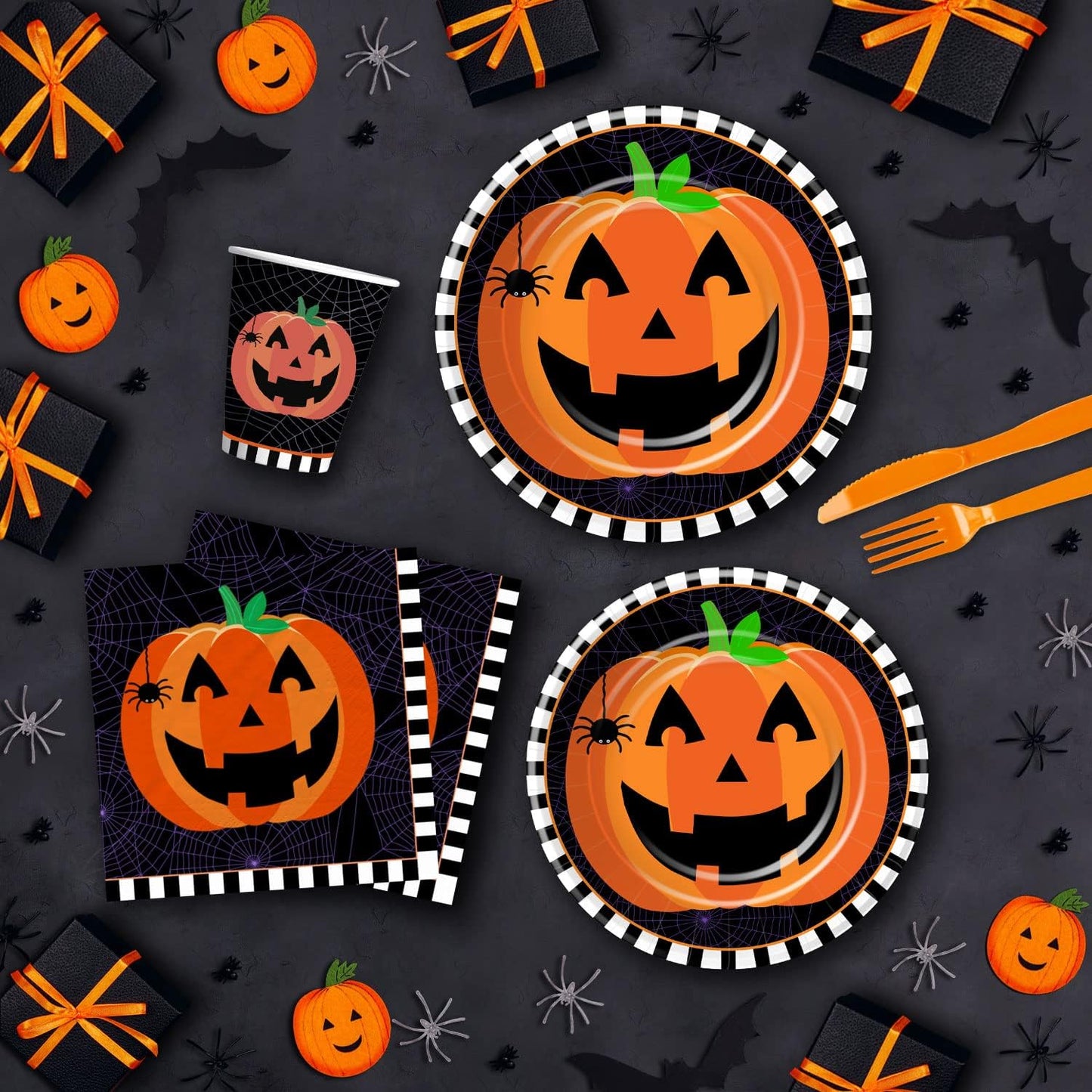 Halloween Plates and Napkins Party Supplies, Pumpkin Halloween Party Decorations Tableware, Pumpkin Paper Plate, Cup, Napkin, Tablecloth, Disposable Cutlery, Serves 24