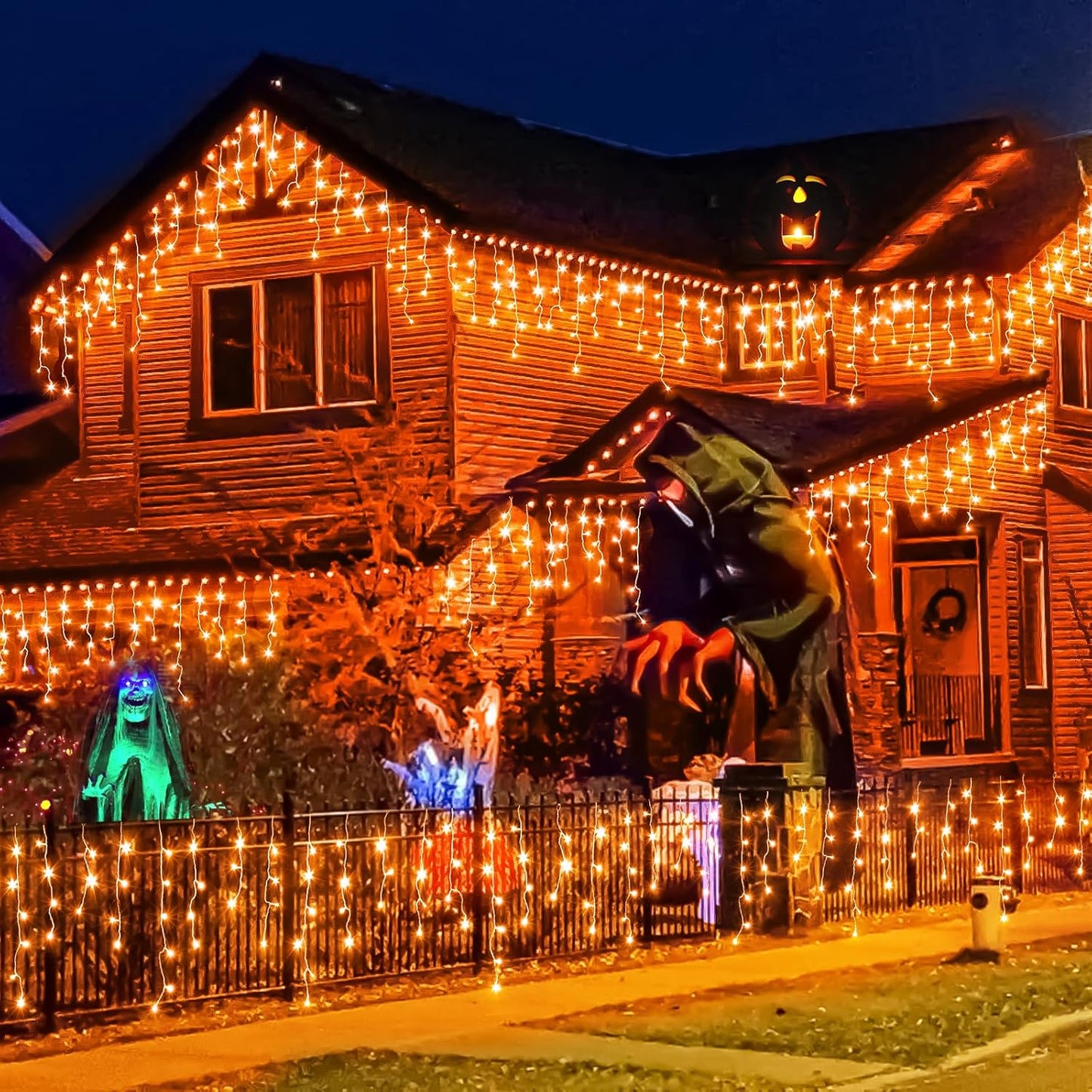 Orange Halloween Lights 33ft 400 LED Icicle Lights for Outside 8 Modes with 75 Drops, Waterproof Icicle Light Plug in for Indoor House Party Holiday Decorations