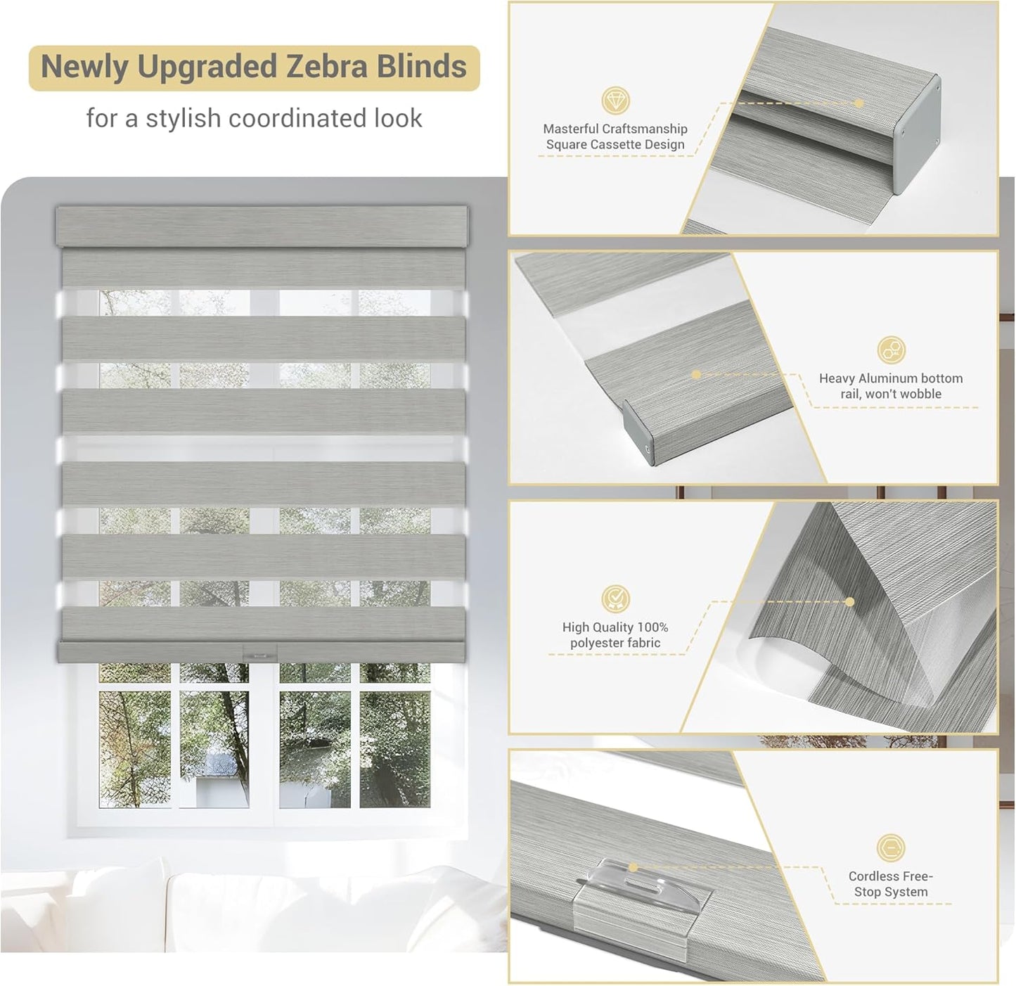 Cordless Zebra Blinds for Windows, Blackout Interior Blinds,Easy to Install,UV Protection,for Offices and Home,Custom Roller Shades, Mousse Light Grey,56" W x 72" H