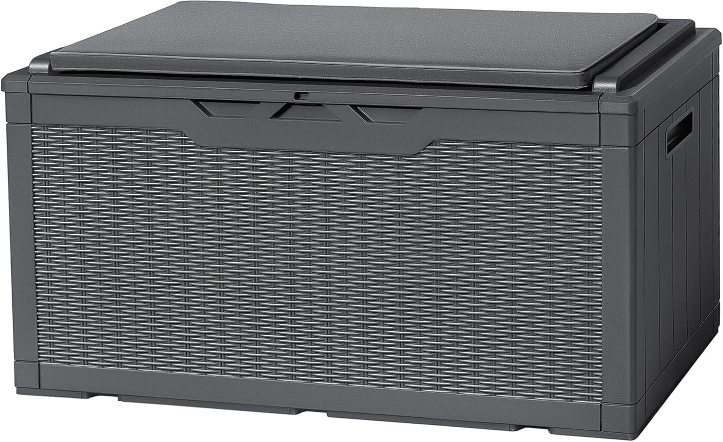 Flamaker Deck Box with Cushion 100 Gallon Waterproof Resin Storage Box with Air Rod Indoor Outdoor Lockable Storage Bench for Patio Furniture, Tools, Pool Accessories (Gray)