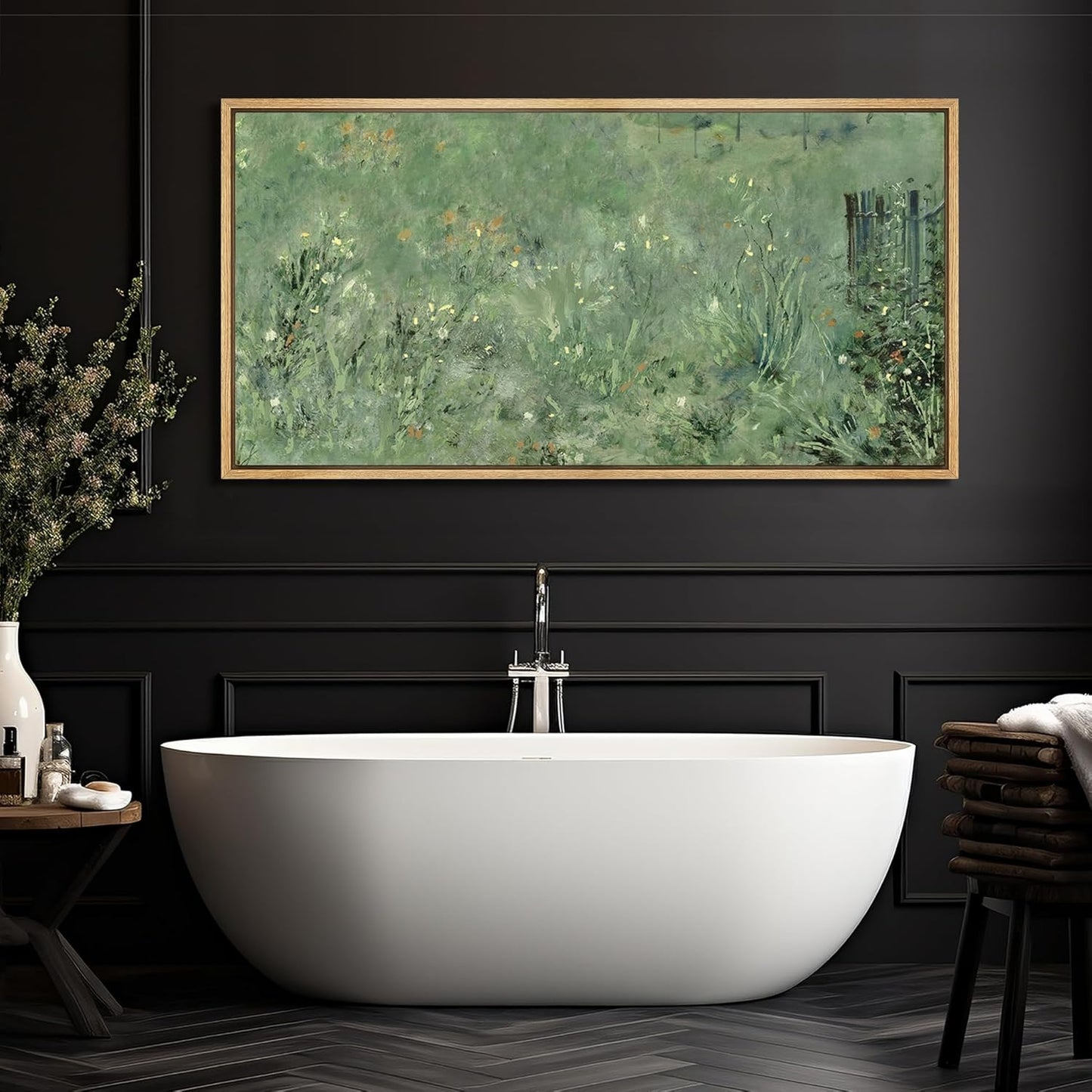 MUDECOR Extra Large Framed Canvas Print Wall Art Meadow's Embrace Impressionist Wildflower Antique Retro Fine Art Illustrations Decorative Colorful for Bedroom - 60"x30"