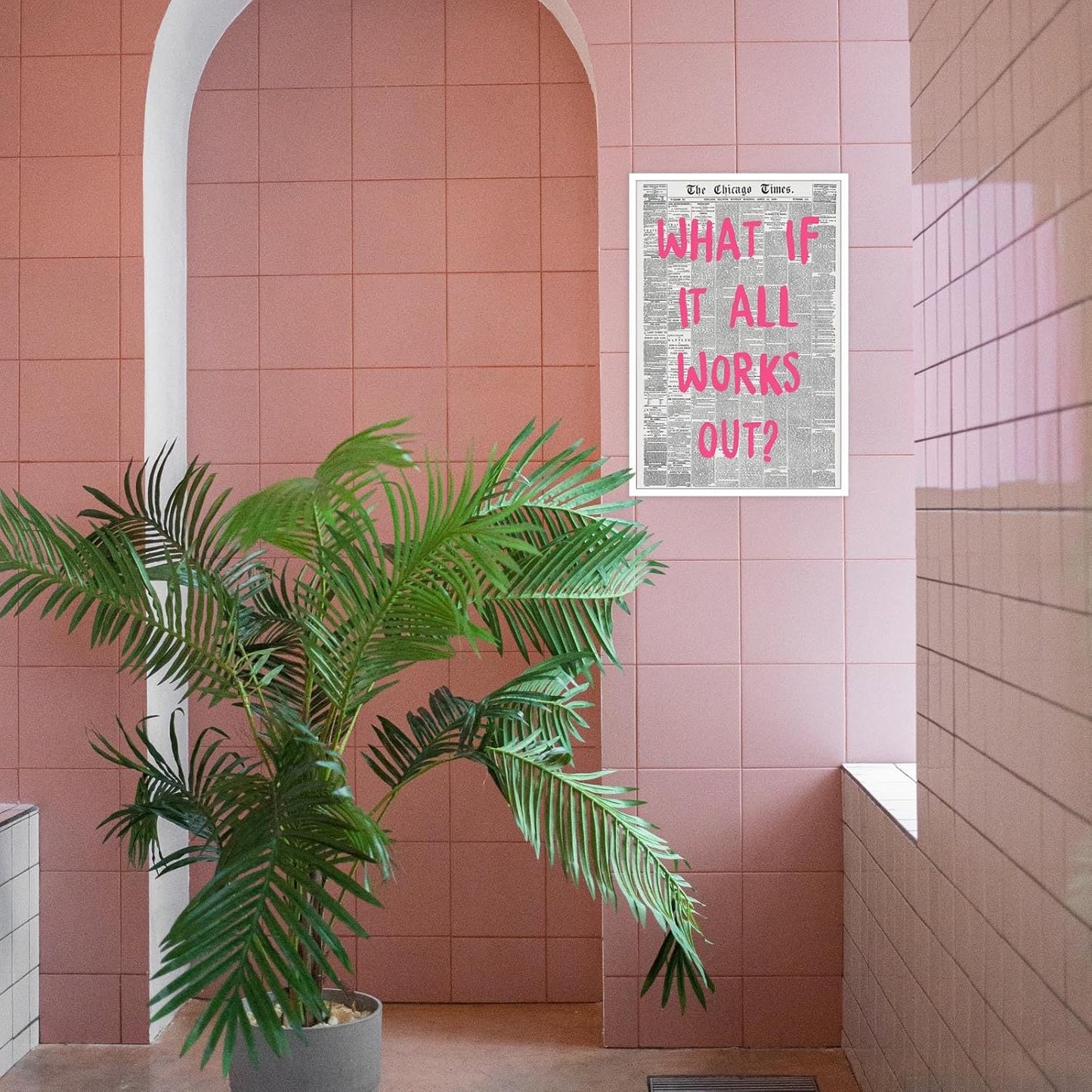 Liyark Retro Trendy Newspaper Canvas Wall Art - 'What If All Works Out' Positive Affirmation Quote - Pink Font - Minimalist Home Decor - 12x16in Unframed