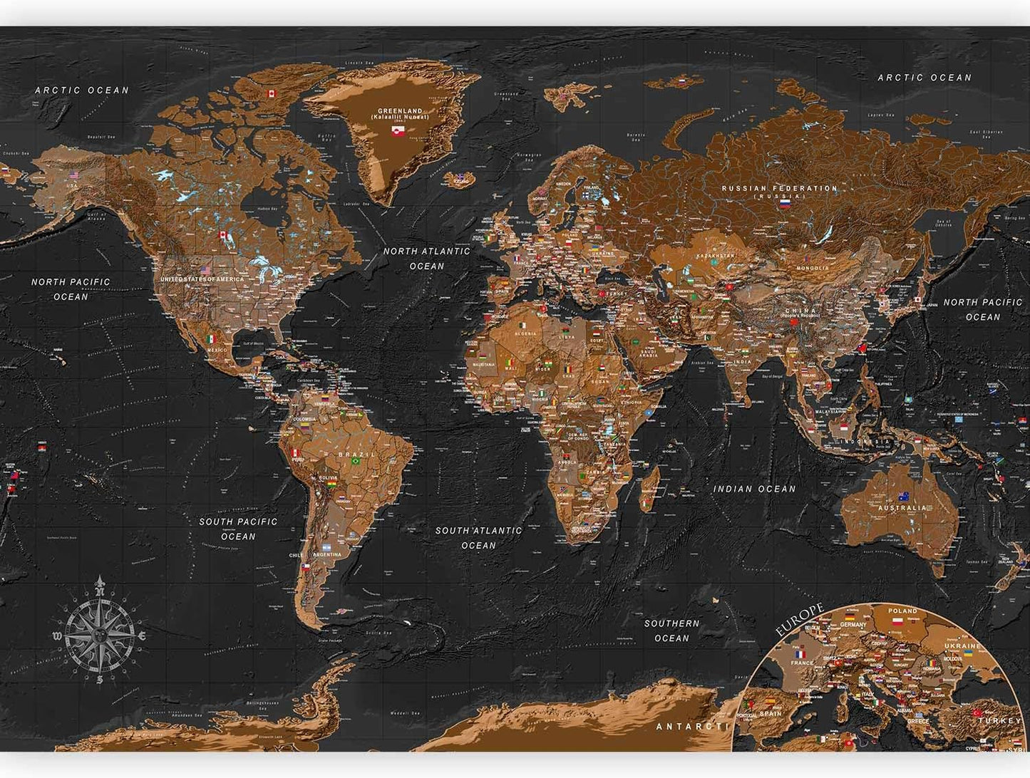 artgeist Premium Wall Mural World Map 138x101 in - XXL Non-Woven Wallpaper Fleece Wall Decor Photo Print Picture Image Design Home Map of The World k-A-0206-a-a