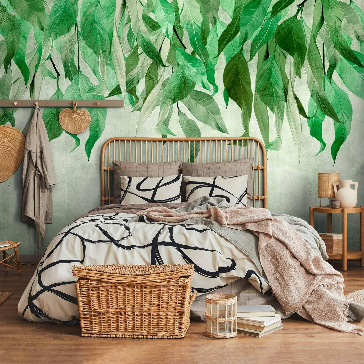 artgeist Wall Mural Hanging Leaves 197x138 in - Non-Woven Wallpaper Fleece Wall Decor Photo Print Picture Image Design Nature Botanical Concrete Green Like Painted b-C-10146-a-a