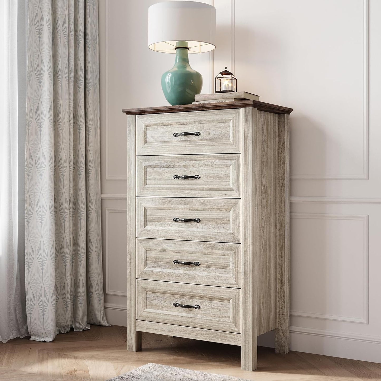 LINSY HOME 5 Drawers Dresser for Bedroom, Wood Tall Bedroom Chest of Drawers with Metal Handle, Farmhouse Dressers Organizer for Living Room, Closet, Hallway, White Oak