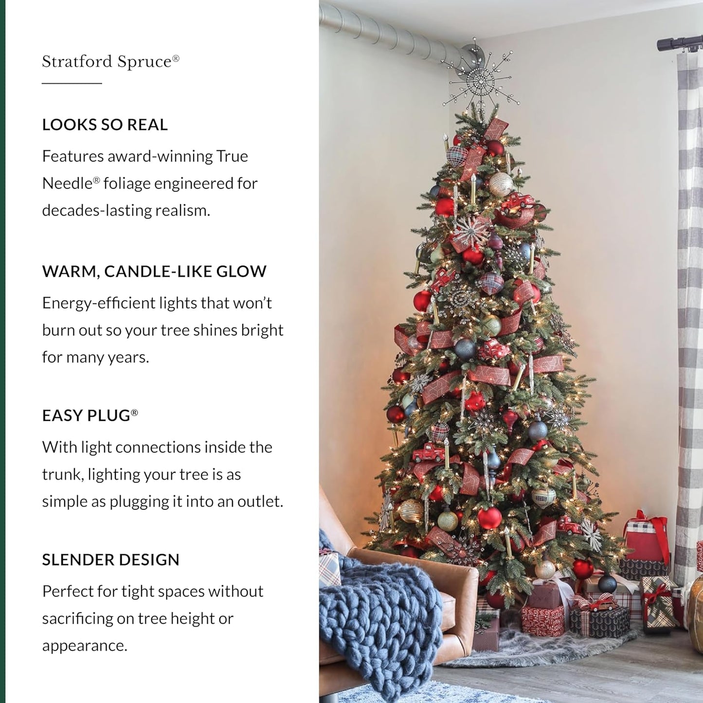 Balsam Hill 9ft Pre-Lit Stratford Spruce - Slim Artificial Christmas Tree with 1,000 Clear LED Lights, True Needle Foliage, Easy Plug Technology & Premium Stand for Small Spaces