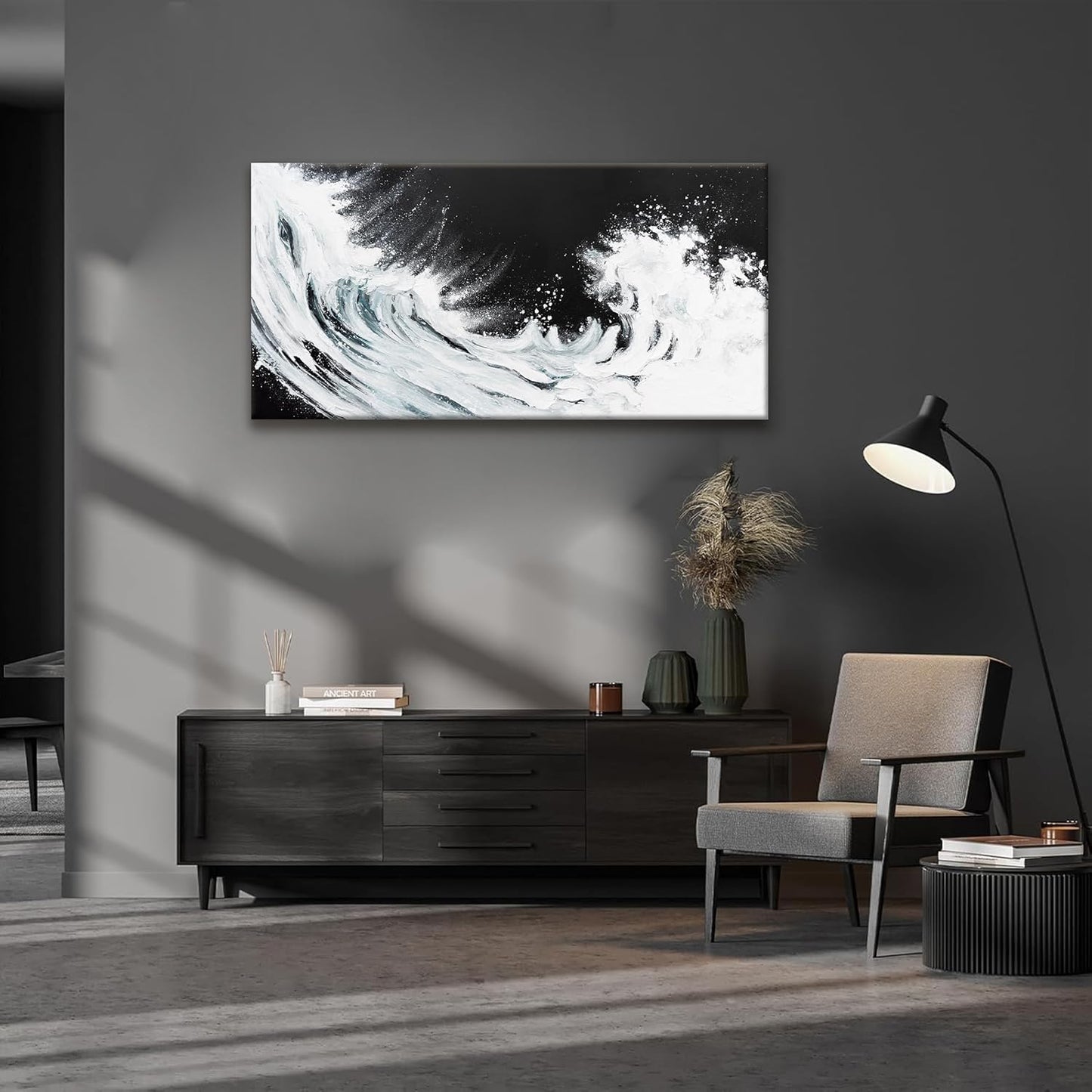 Black Abstract Wall Art Living Room Abstract Painting Wall Decor Modern 24"X 48" Canvas Art Wall Decor Black White Ocean Waves Wall Art Canvas Prints Artwork Pictures For Bedroom Kitchen Artwork