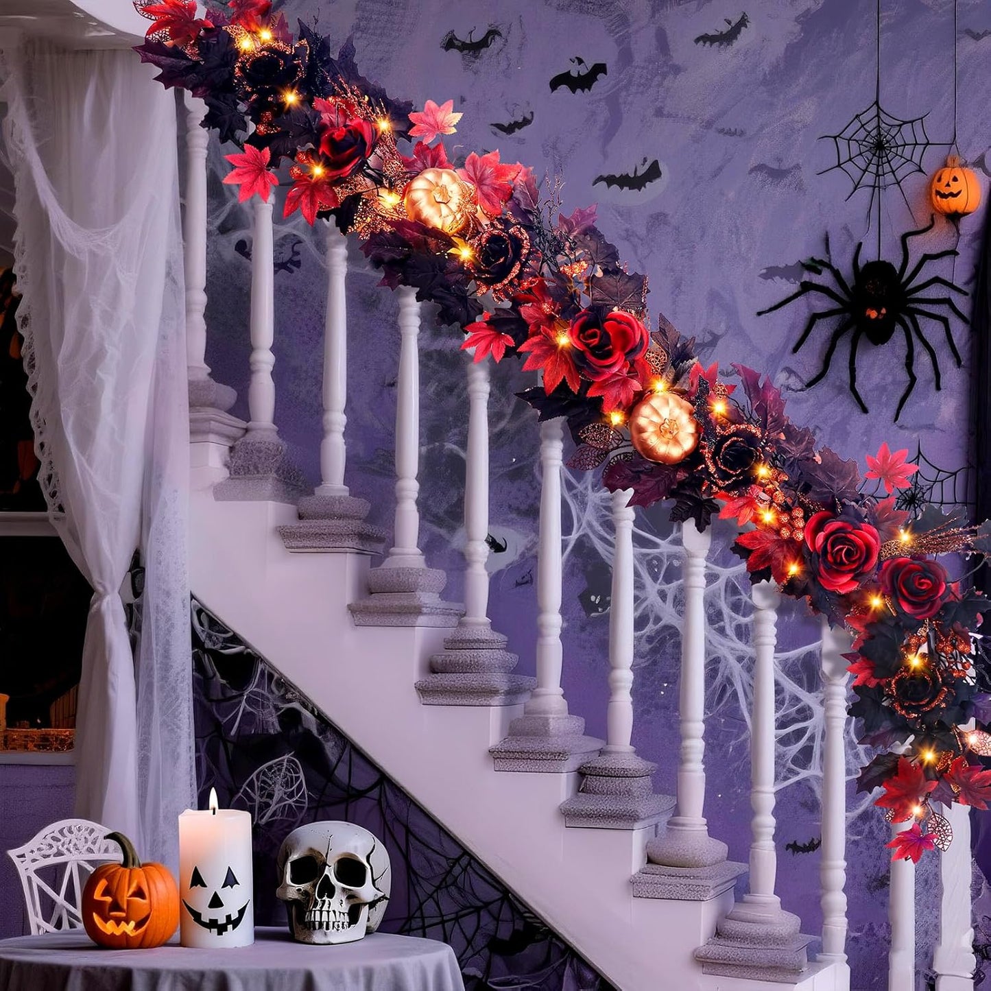 SHareconn 2 Pcs 9FT Halloween Garland with Purple Lights Battery Operated and Timer, Pre-Lit Black Red Maple Leaves Lighted Garland Decorations for Fireplace Mantle Centerpiece Indoor Outdoor Decor