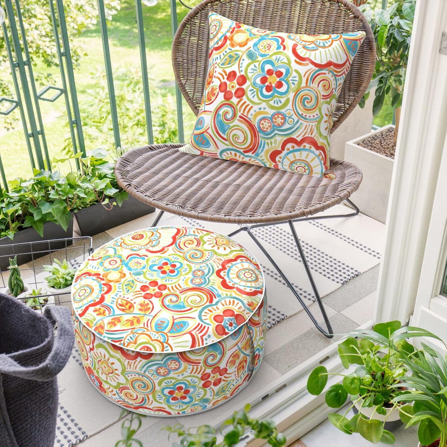 Inflatable Ottoman Stool D21 xH9 for Outdoor/Indoor Use, Water Repellent Patio Foot Rest Stool with Portable Handle,Round Pouf Ottoman Suitable for Garden,Deck and Camping - Flower Red