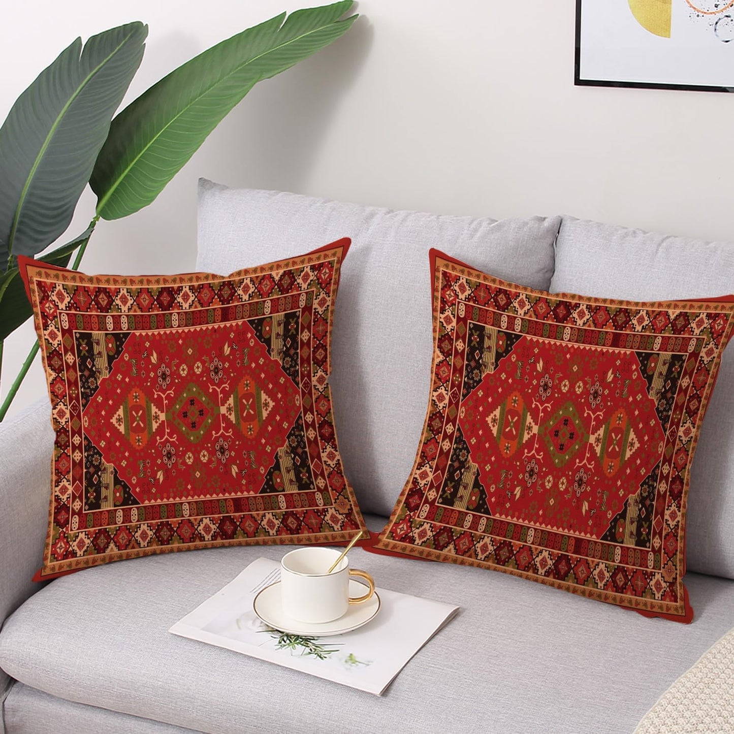 Outdoor Waterproof Pillow Covers 18X18 Inch Set of 2 Bohemian Vintage Carpet Pattern Pillow Covers Ethnic Design Decorative Farmhouse Cushion Case for Couch Red