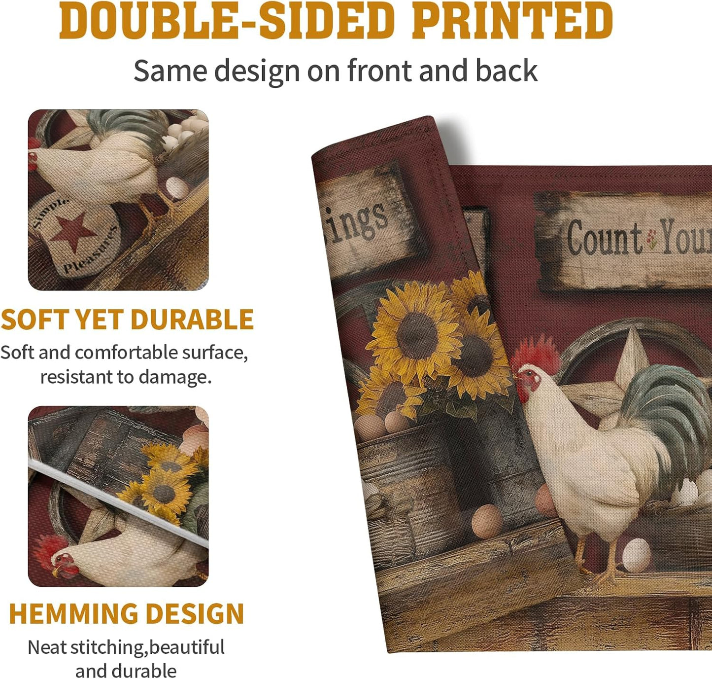 Farmhouse Rooster Placemats Set of 4 Farm Animal Chicken Place Mats 12x18 Inch Vintage Rustic Country Linen Table Mat Washable Non-Slip Placemat for Party Kitchen Dining Decor