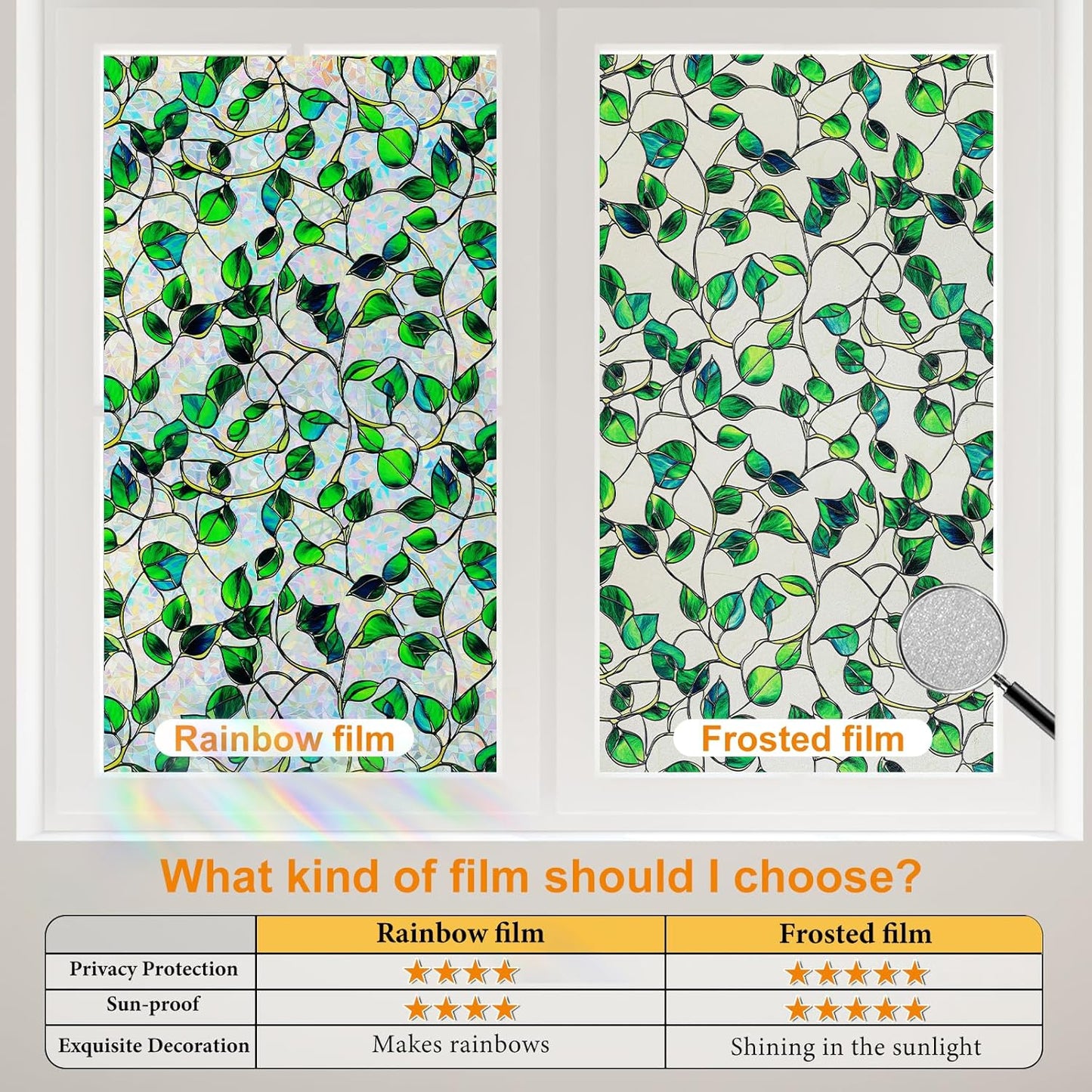 Window Privacy Film Stained Glass Decorative Static Clings Frosted Window Tint for Home Room Decor Bathroom Door Car Stickers with Glittering Effect, Removable(Blue & Green pothos Botanical)