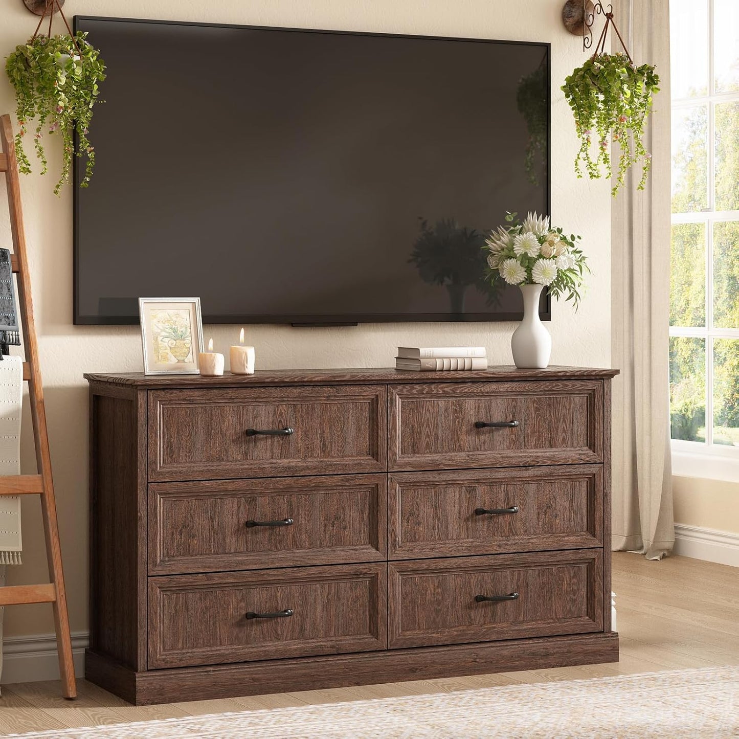 Farmhouse 6 Drawer Dresser for Bedroom, 55 Inch Wide Modern Brown Dresser TV Stand with Large Drawers & Bar Handles, Rustic Wood Chest of Drawers for Bedroom, Living Room, Hallway, Entryway.