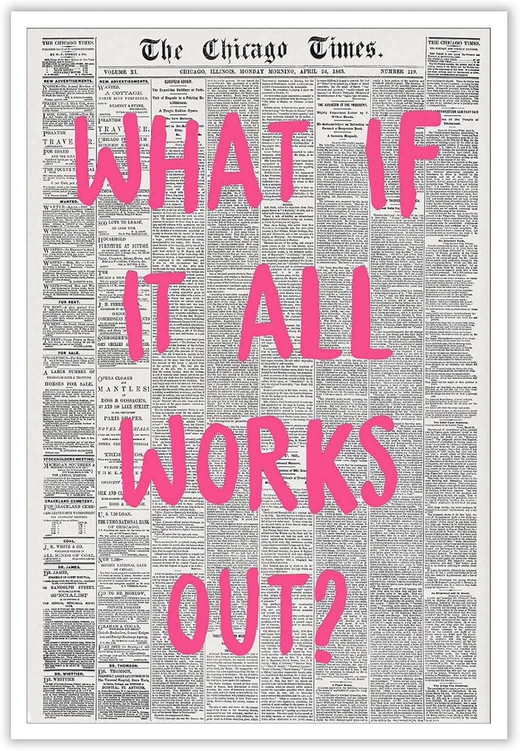 Liyark Retro Trendy Newspaper Canvas Wall Art - 'What If All Works Out' Positive Affirmation Quote - Pink Font - Minimalist Home Decor - 16x24in Unframed