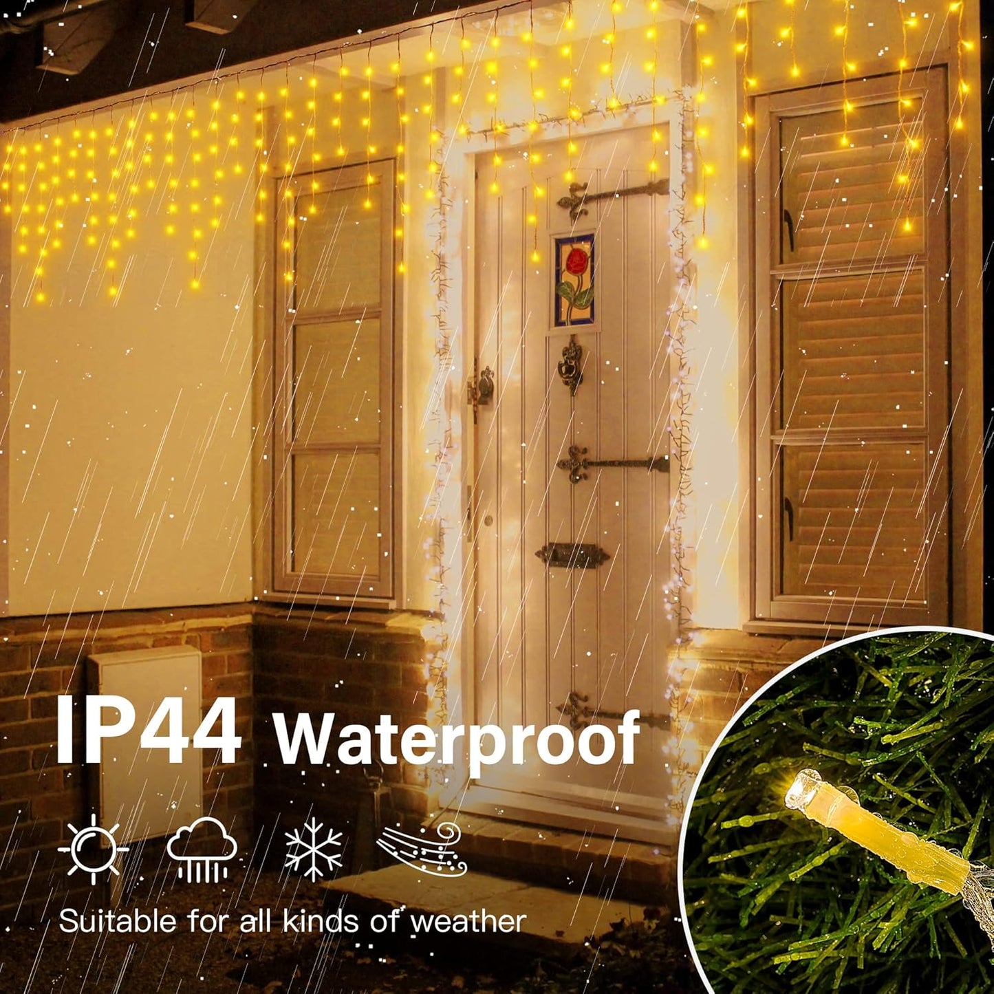 Hopolon 33FT 360L LED Christmas Icicle Lights Outdoor Waterproof,8 Modes Plug in Curtain String LIghts With 60 Drops,Christmas Lights for Wedding,Party,Bedroom,Home,Garden,Wall Decorations(Warm White)