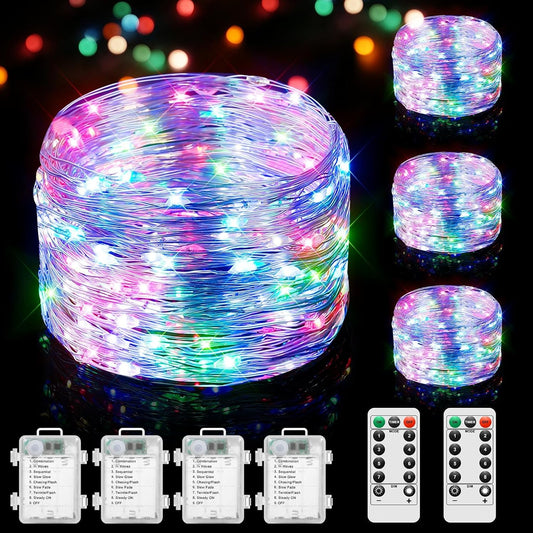 4 Pack 100 LED Fairy Lights Battery Operated with Timer & Remote, 33FT Waterproof Twinkle Lights Indoor Outdoor, Fairy String lights for Bedroom Classroom DIY Wedding Christmas Decorations, Multicolor
