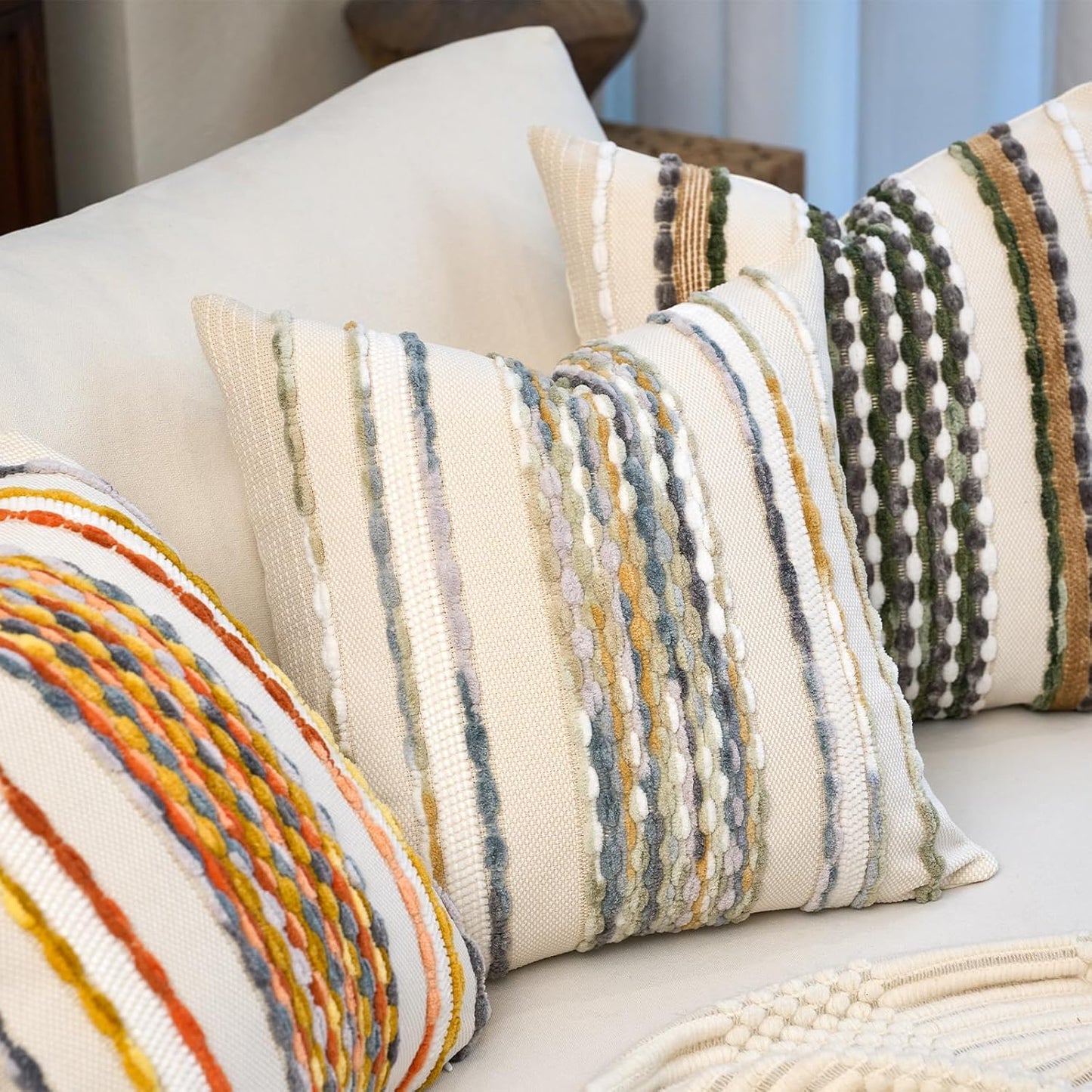 Aeckself Boho Pillow Covers 18x18 Inch Set of 2, Farmhouse Decorative Striped Square Chenille Tufted Accent Neutral Throw Pillow Covers for Living Room Couch Bed, Gray Blue