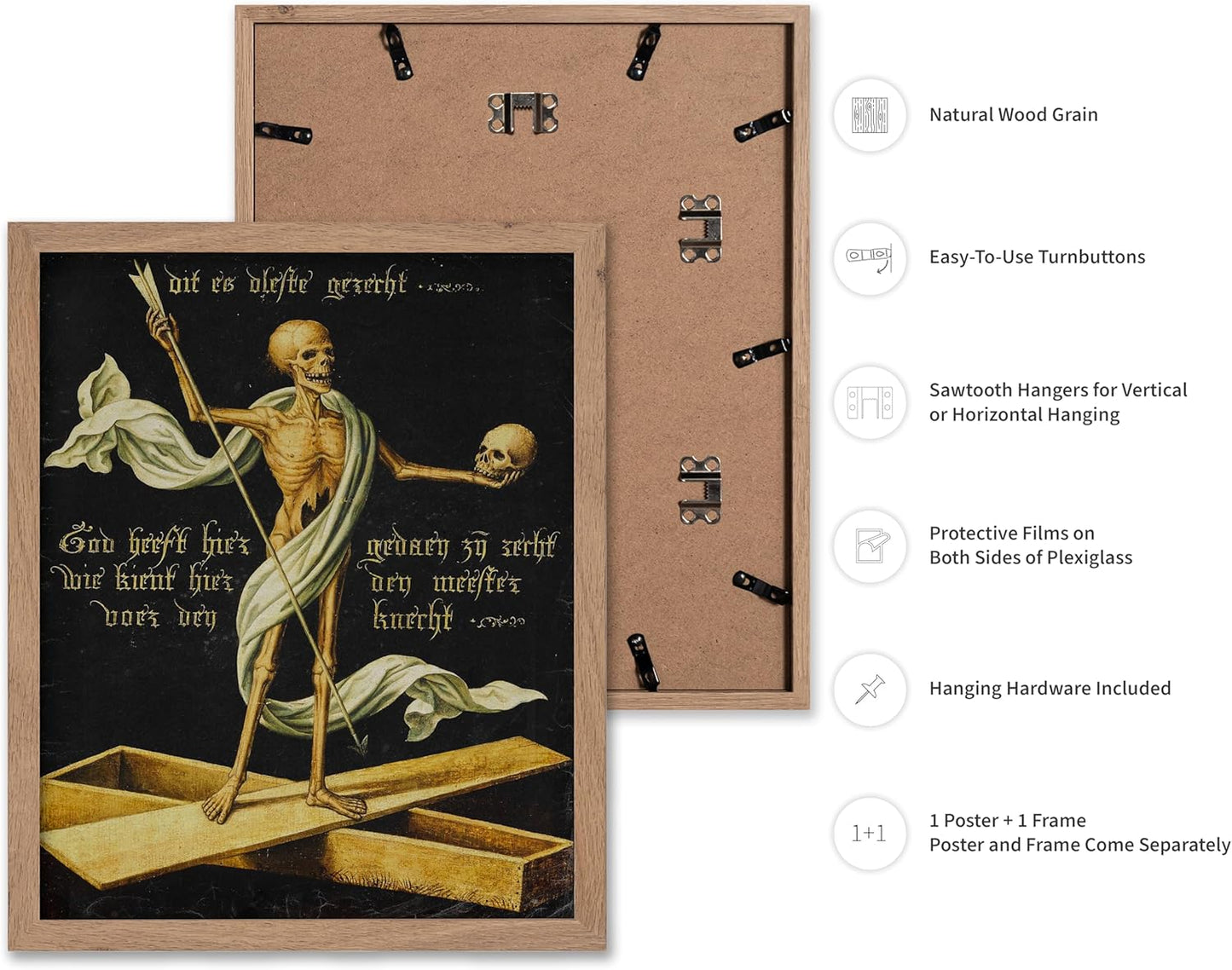 Poster Master Vintage Medieval Poster - Retro Gothic Print - Gift for Artist, Friend - Allegory of Life and Death, Skeleton, Dark, Skull - Wall Decor for Home, Living Room, 16x20 Beige Framed