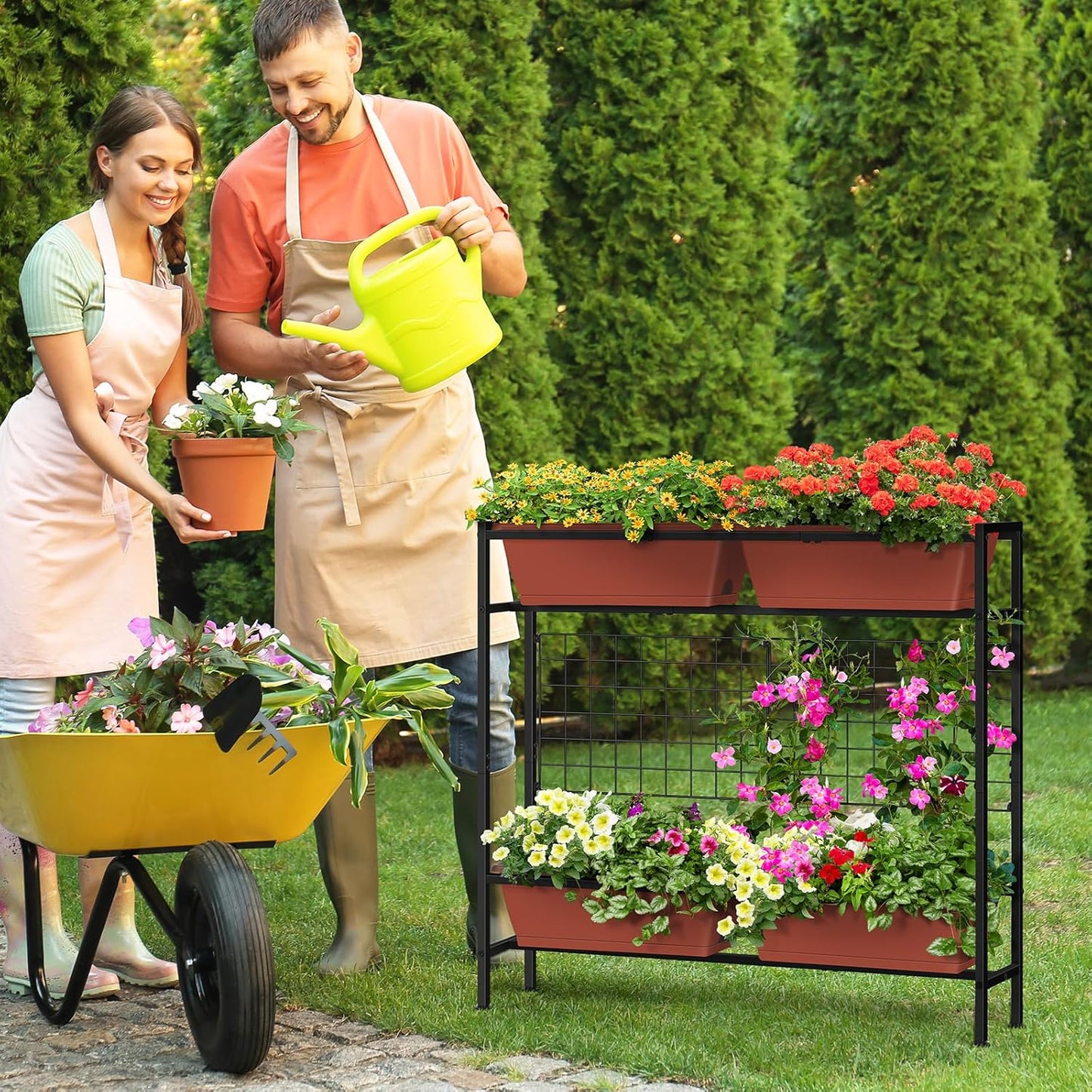 Raised Garden Beds Outdoor Elevated Planter Boxes with Trellis Herb Garden Planter Outdoor Raised Flower Boxes with Legs for Vegetable Patio Balcony Porch, Brick Red