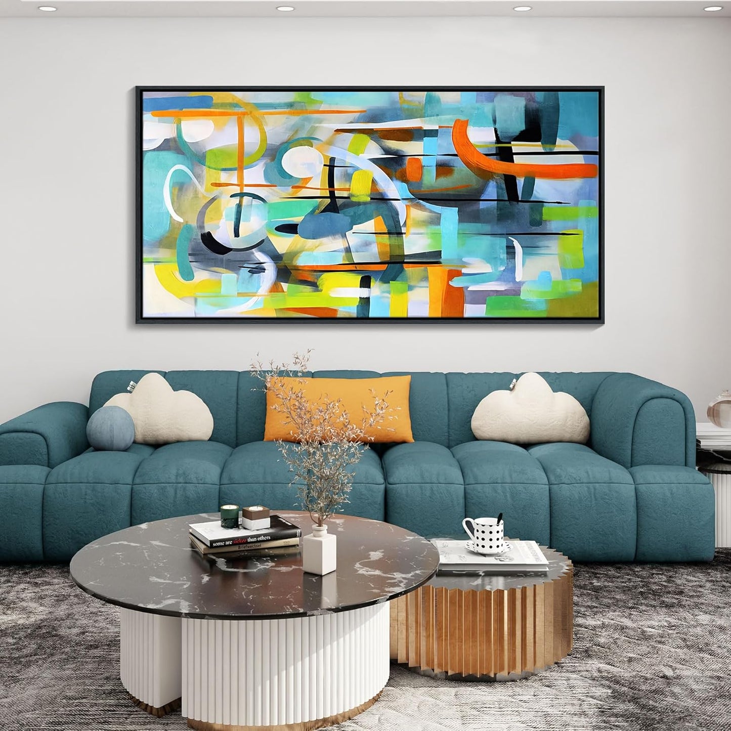 Mofutinpo Abstract Wall Art- Framed Modern Colorful Canvas Wall Pictures-Teal And Blue Line Art -Pictures for Living Room Wall Decoration- Graffiti Paintings for Bedroom-Office Wall Decor 24×48IN