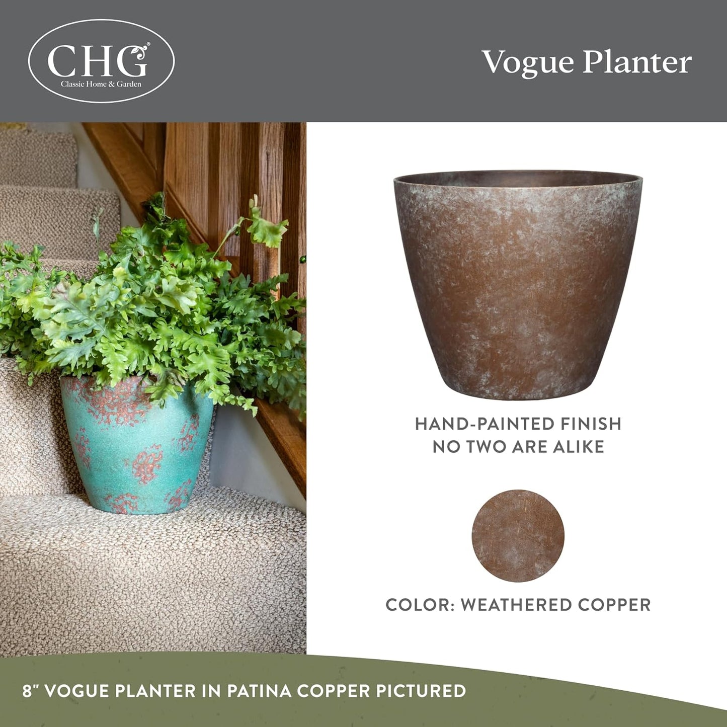 Classic Home and Garden Vogue Planter Pots w/Pottery Quality Finish - Modern Indoor & Outdoor Flower Pots - UV-Resistant Porch Planters - Decorative Pot for Flowers & Herbs (8” Weathered Copper)
