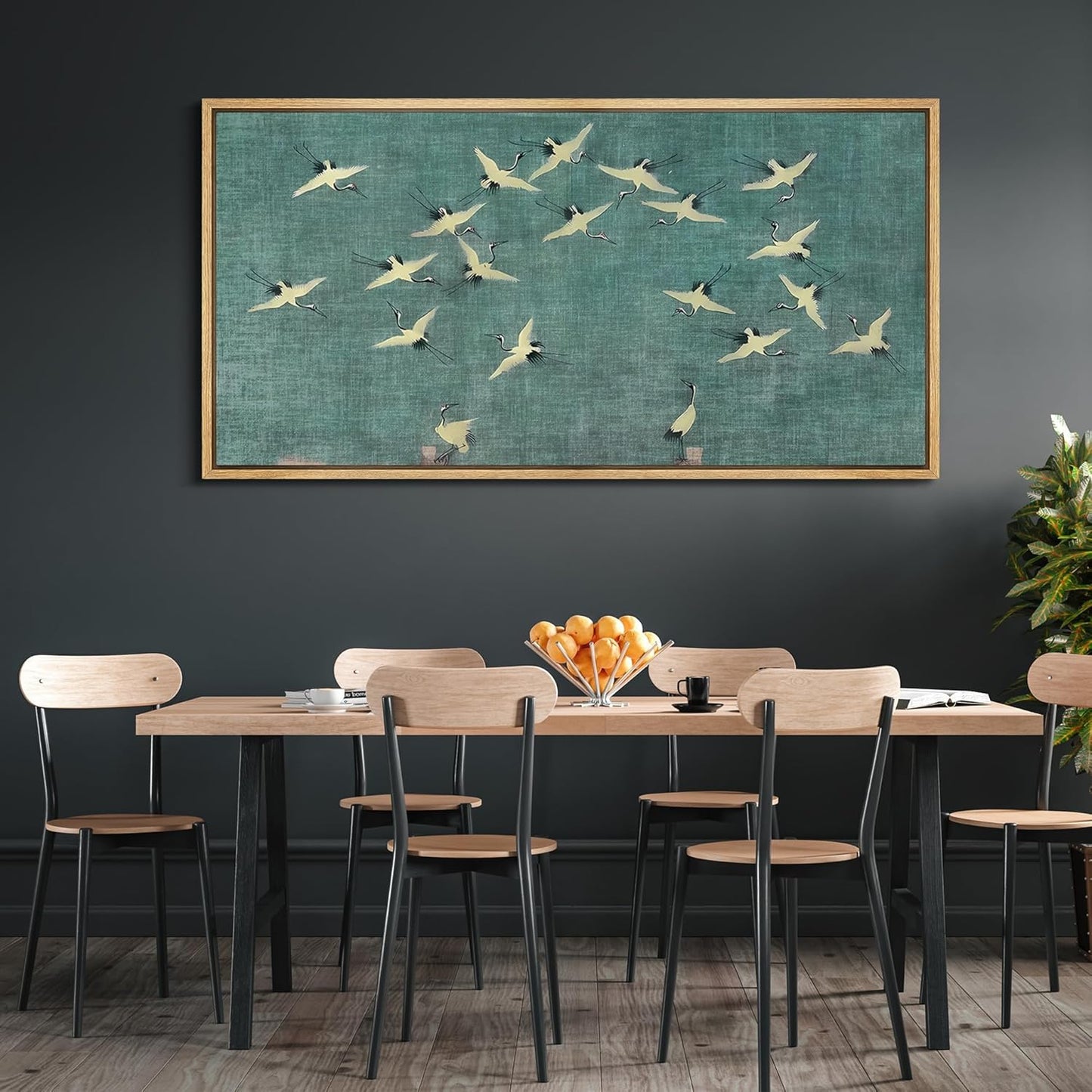 MUDECOR Extra Large Framed Canvas Print Wall Art Serene Skies White Birds in Flight on Teal Antique Retro Fine Art Illustrations Decorative Colorful for Bedroom - 60"x30"