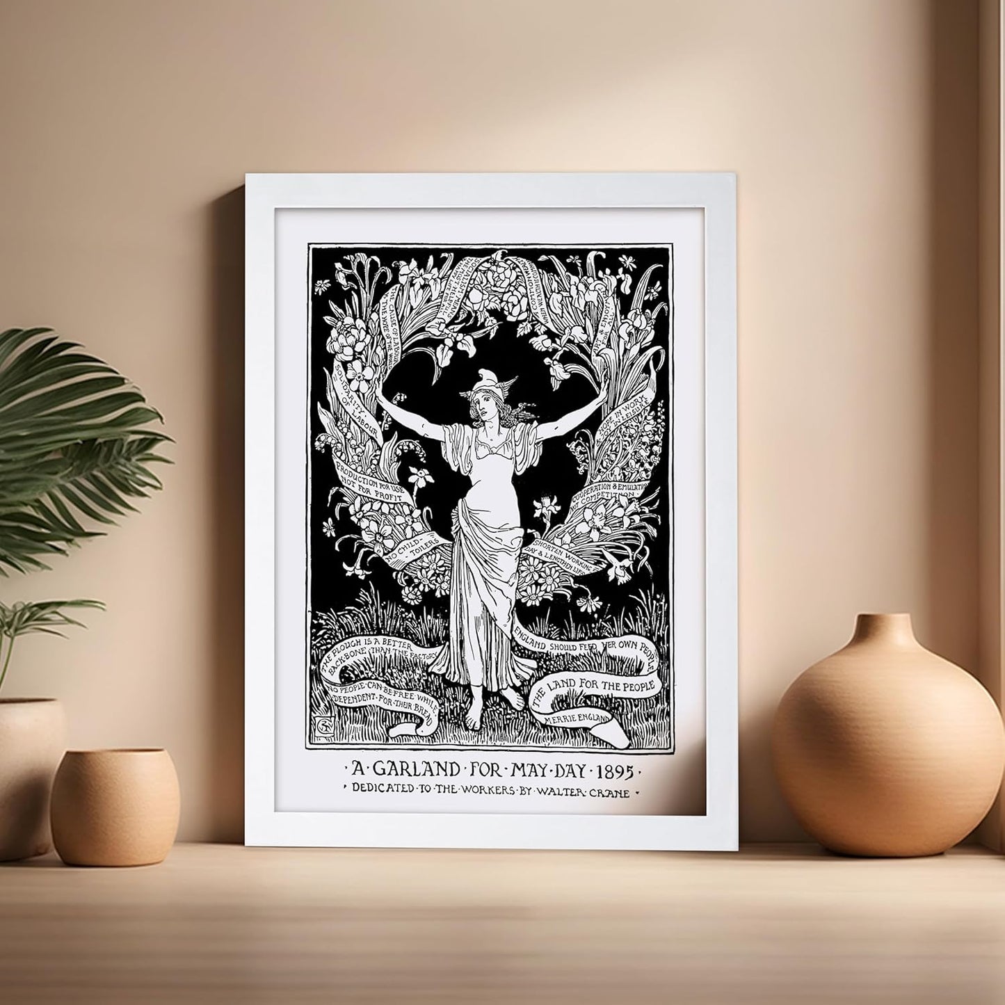Poster Master Vintage Walter Crane Poster - Retro A Garland for May Day Print - Socialist Art - Gift for Him, Her, Men, Women - Wall Decor for Home, Office, Living Room, 16x20 White Framed