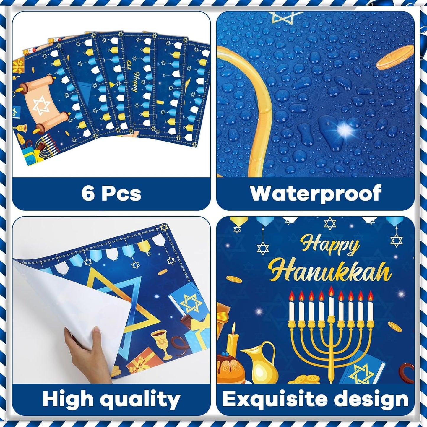 Hanukkah Placemats Set of 6 Festival of Lights Table Mats Plastic Passover Recyclable Place Mats Washable Holiday Table Decoration for Indoor Outdoor Hanukkah Party Kitchen Dining