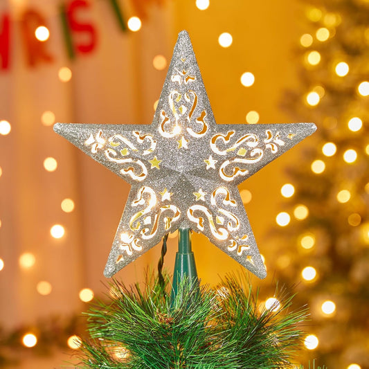 8" Silver Glittered Hollow Christmas Star Tree Topper with Built-in 10-Bulb String Lights and 2 Fuses for Holiday Decor, Green Base
