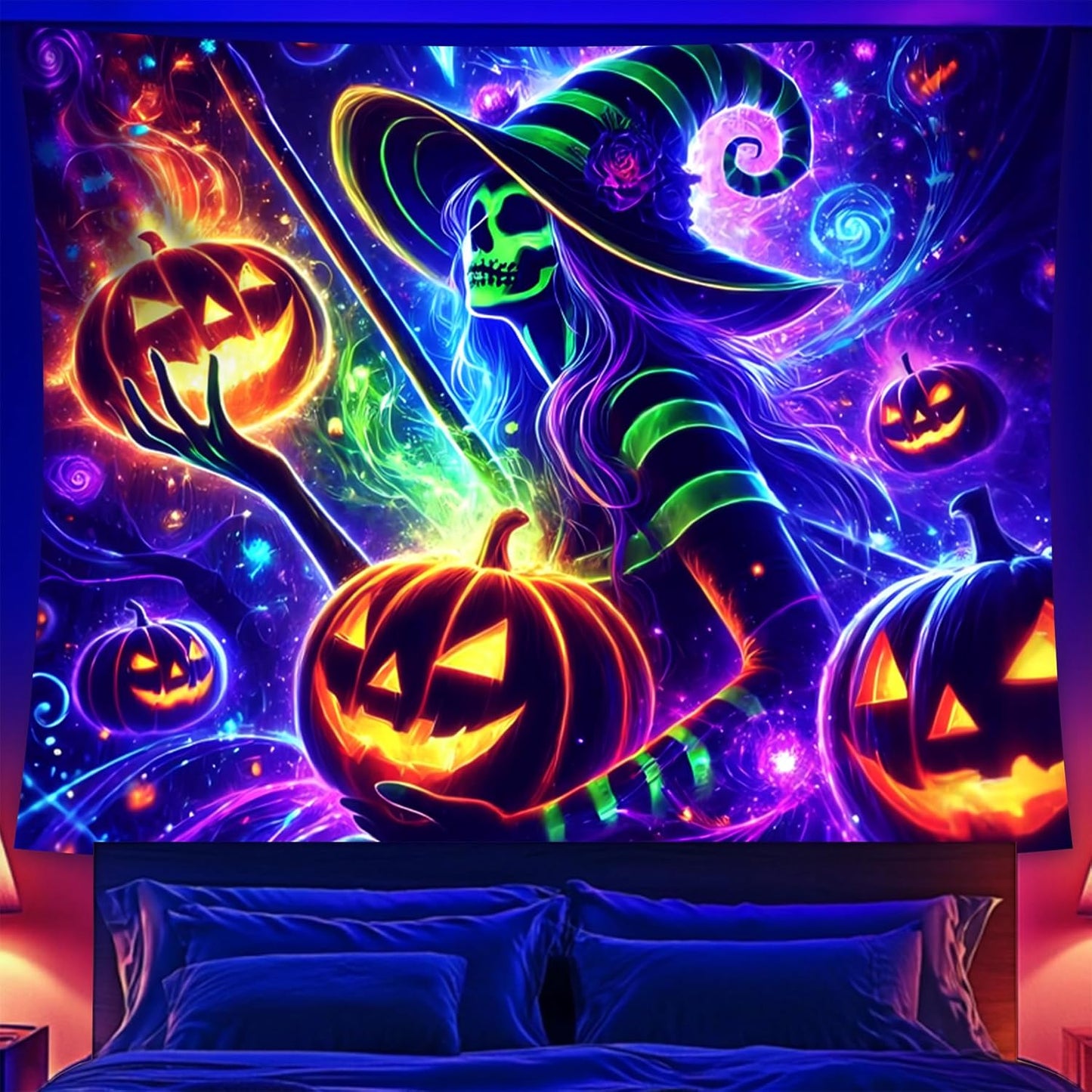 Halloween Tapestry, Blacklight Tapestry for Halloween Party Decor Hanging Tapestries Backdrop Wall Art Poster for Bedroom Dorm 90x70in