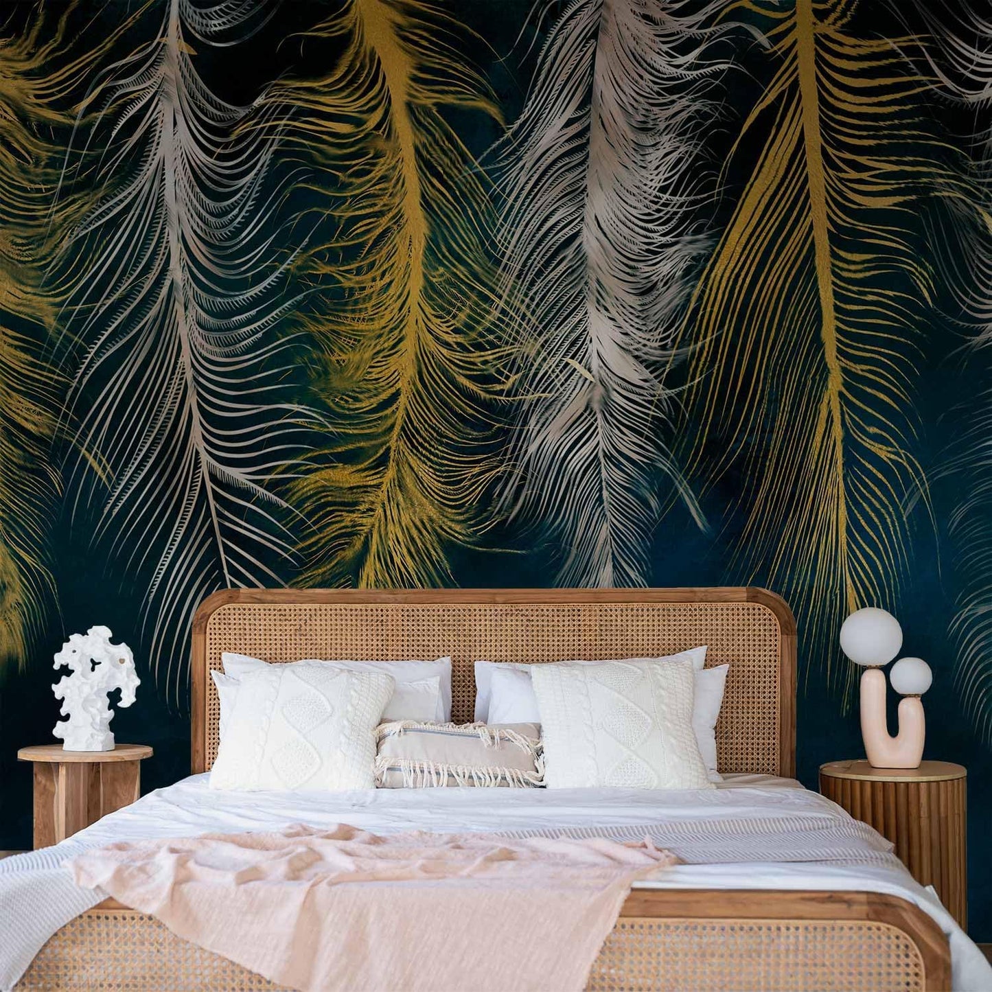 artgeist Wall Mural Feather 98x69 in - XXL Non-Woven Wallpaper Fleece Wall Decor Photo Print Picture Image Design Landscape Abstract Beige Navy Blue b-A-0812-a-a