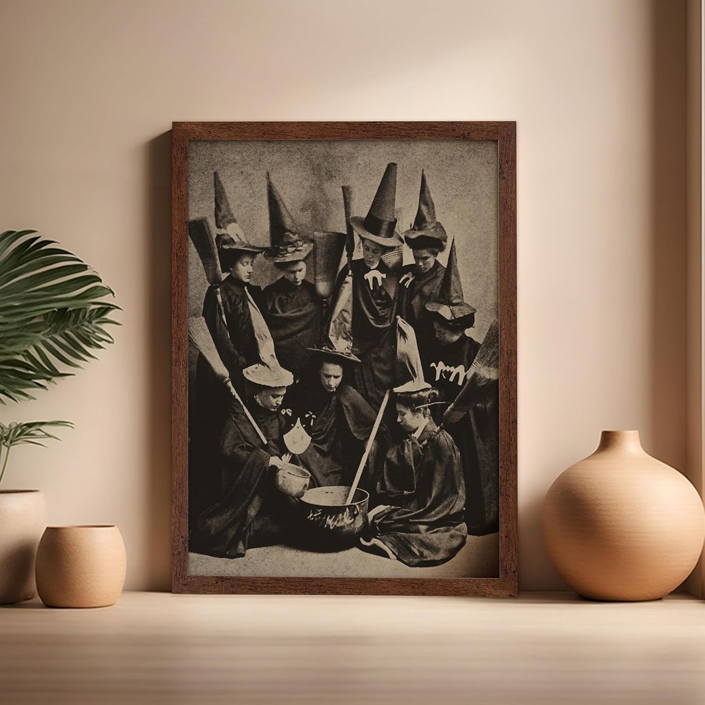 Poster Master Vintage Photograph Poster - Retro Halloween Print - Gift for Artist, Friend - Witches Cooking, Pointy Hats, Broomsticks, Black Magic - Wall Decor for Bedroom, 16x20 Brown Framed