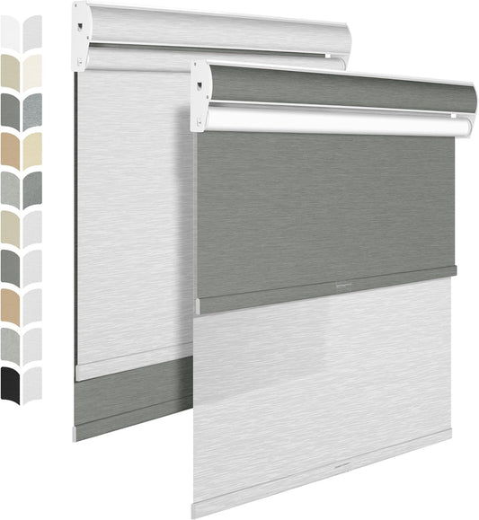 BERISSA Cordless Dual Roller Shades with Cassette Valance,Double Window Shades Blackout and Light Filtering Shades,Day and Night Roller Shades for Home Office Door.Grey and White.Custom Sizes