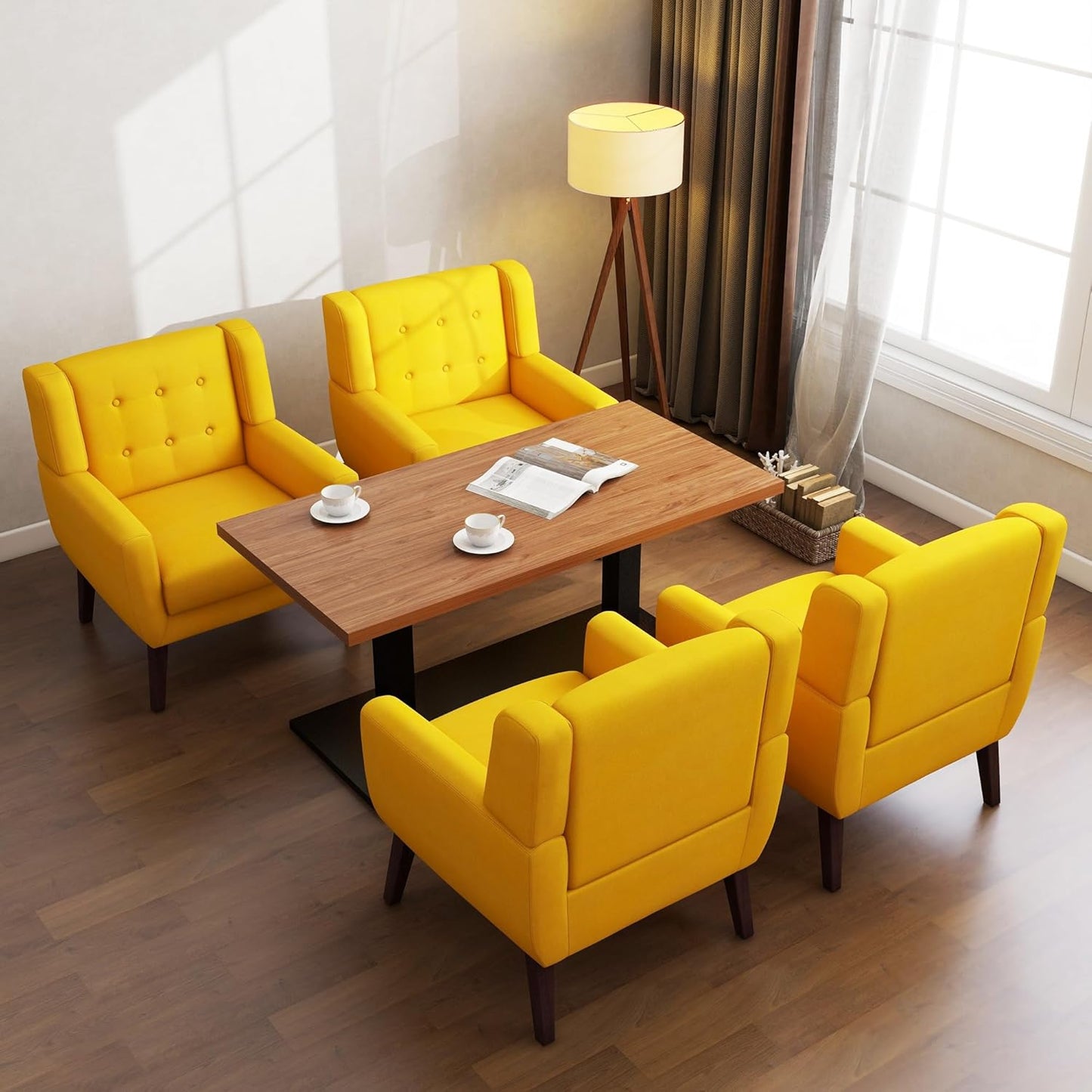 UIXE Accent Chair, Modern Upholstered Armchair in Fabric for Living Room, Comfy Club Arm Chairs Single Sofa Button Tufted Bedroom Reading Seat - Yellow, Set of 1