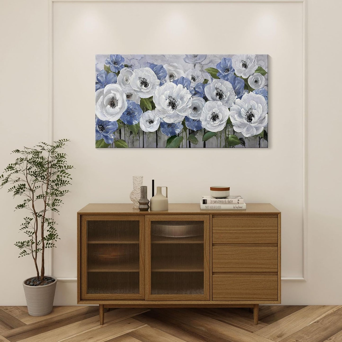 Floral Wall Art for Living Room-Large Blue and White Flower Paintings, Textured Nature Artwork Pictures on Canvas, Landscape and Flower Wall Art for Bedroom Decor