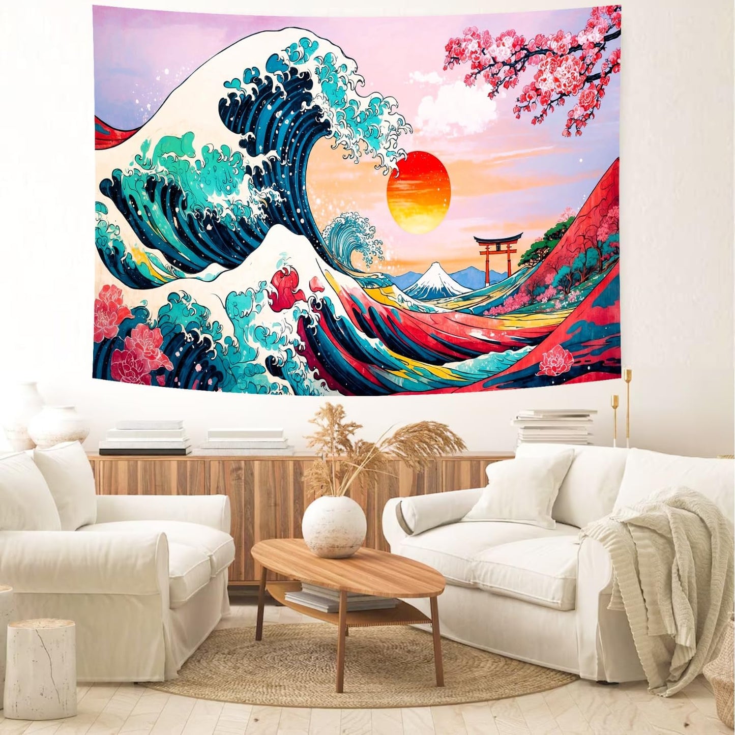 Delur Great Wave Tapestry Japanese Sunset Ocean Sea Wave Off Kanagawa Tapestry Wall Hanging Vintage Asian Anime Cherry Blossom Nature Headboard for Bedroom Living Room Home Decor (51.2" x 59.1")