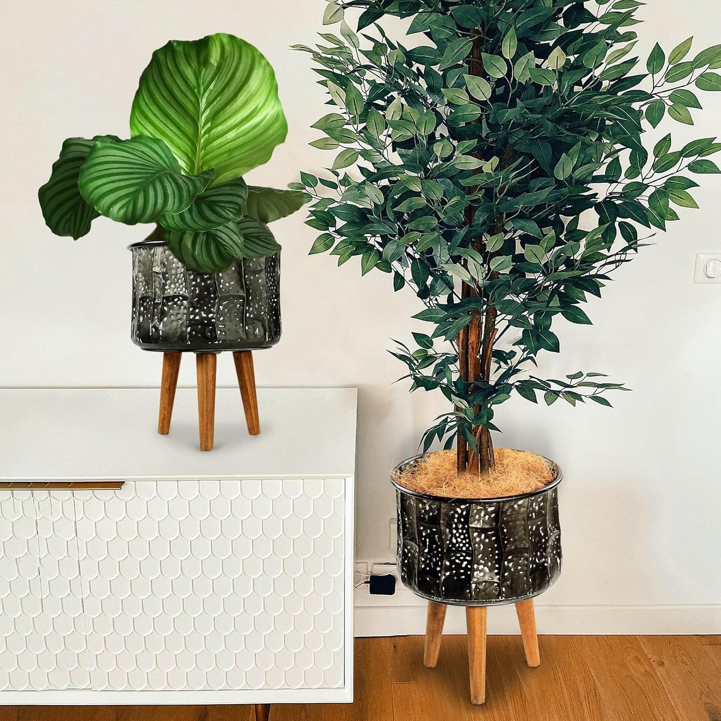 Harvest Land Plant Pots with Stand, Set of 2 Large Modern Planters Metal Tall Handmade Flower Pots with Drainage Holes Indoor Outdoor,Grey