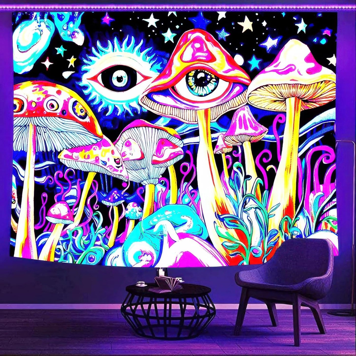 BlissYard Blacklight Tapestry Mushrooms Tapestry for Bedroom Uv Reactive Tapestry 78x59 Inches Cosmic Mushrooms Wall Hanging, Fluorescent Art Decoration with Eyes, Stars, and Psychedelic Design