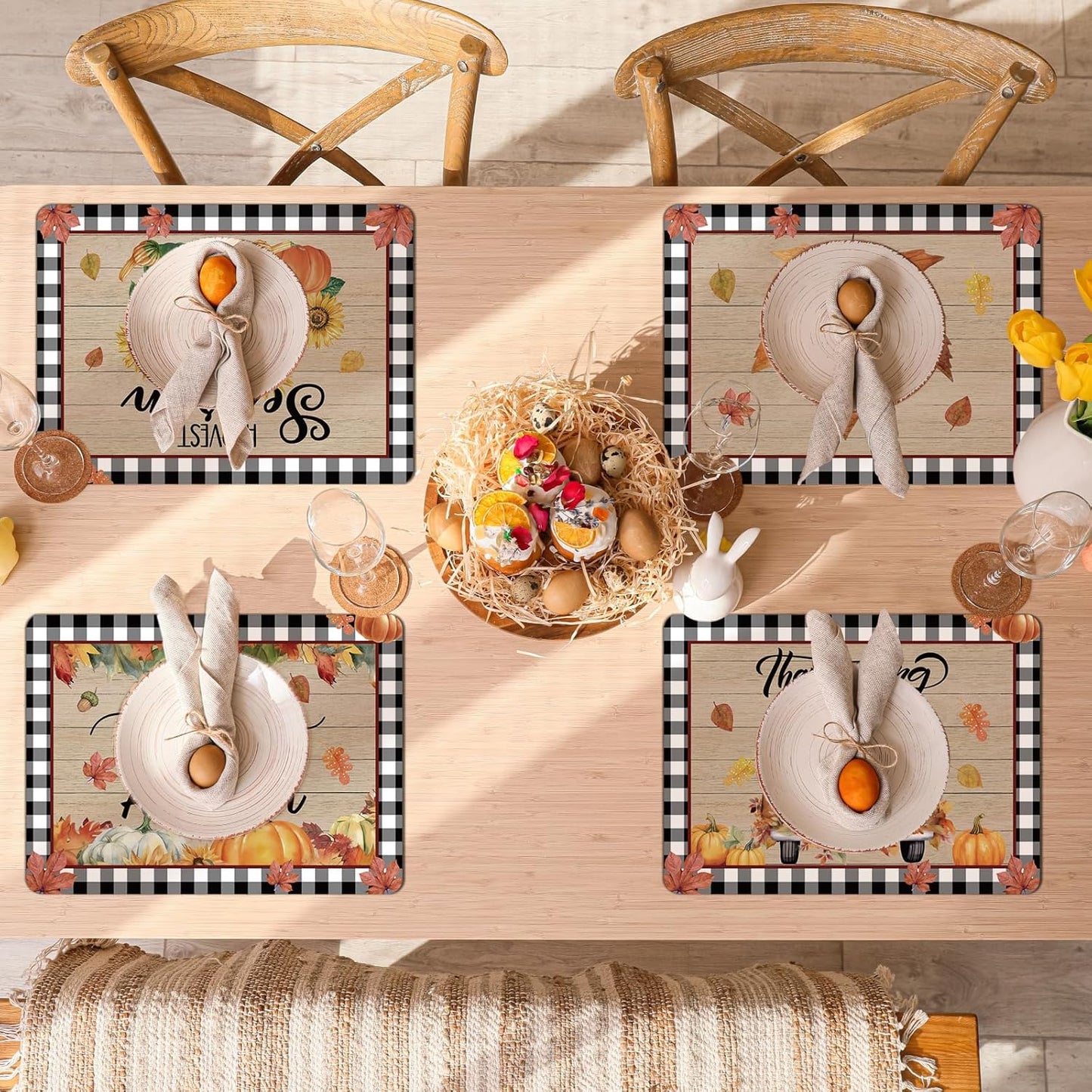 Fall Placemats Set of 6 Buffalo Plaid Thanksgiving Plastic Table Mats Autumn Vintage Maple Leaf Place Mats Pumpkins Truck Leaves Fall Table Decoration for Indoor Outdoor Party Kitchen Dining